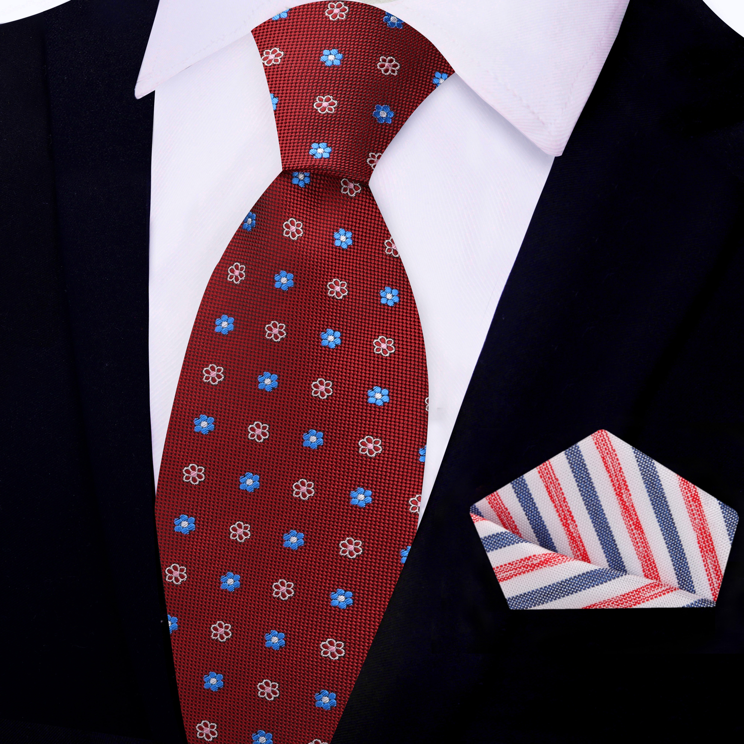 View 2: Red, Blue, Pink Small Flower Necktie and White, Red, Blue Stripe Square