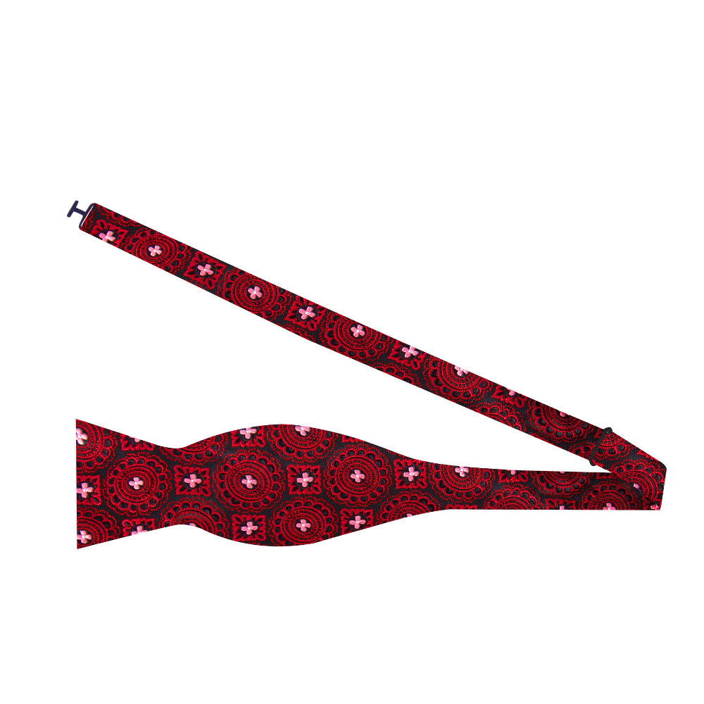 A Black, Deep Red Geometric with Floral Burst Pattern Silk Self Tie Bow Tie Self Tie