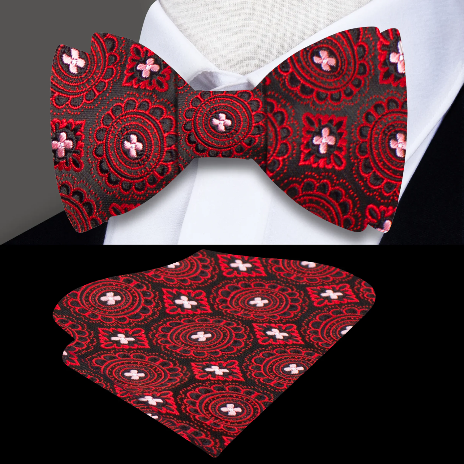 A Black, Deep Red Geometric with Floral Burst Pattern Silk Self Tie Bow Tie, Matching Pocket Square