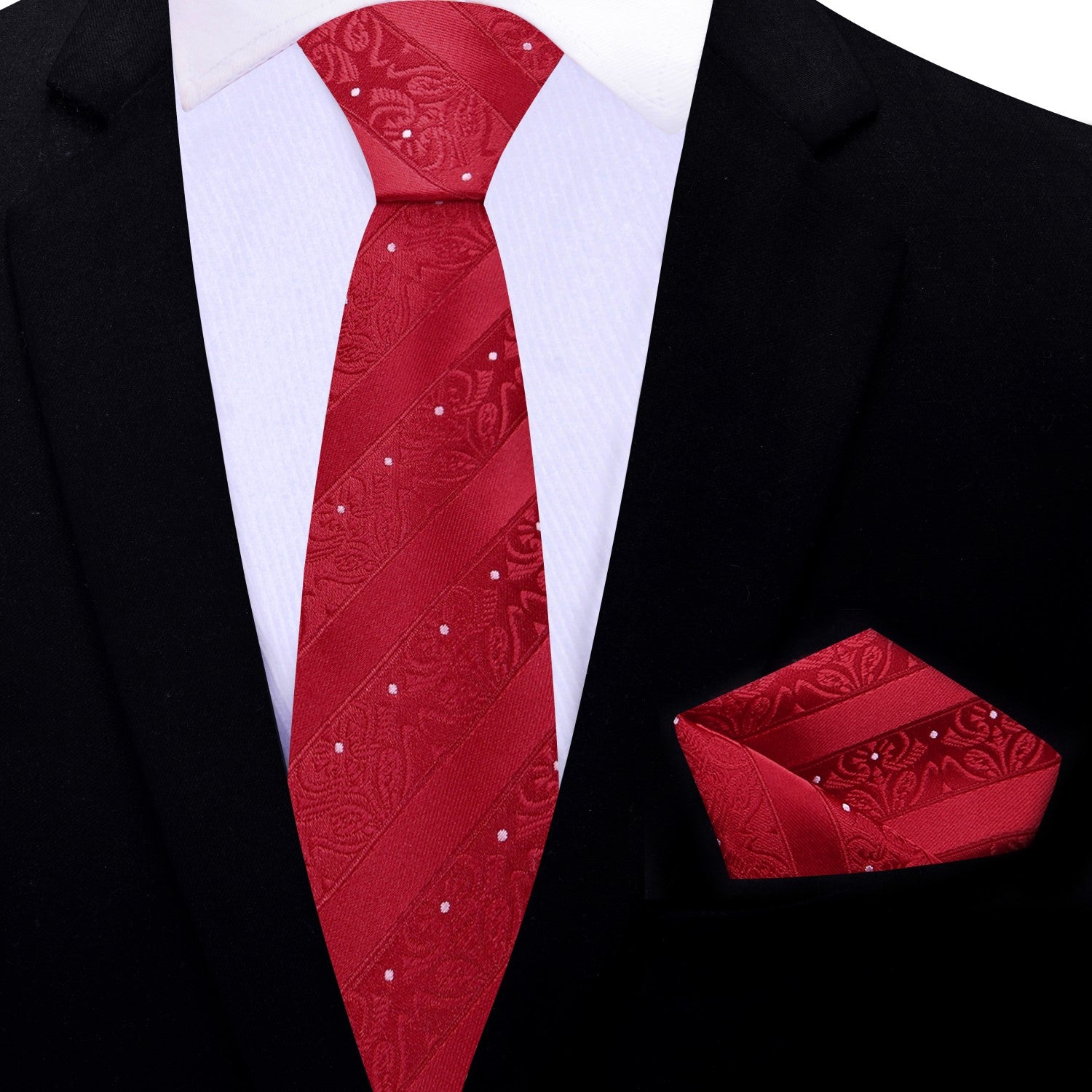 Thin Sparkling Red Detailed Floral Tie and Pocket Square