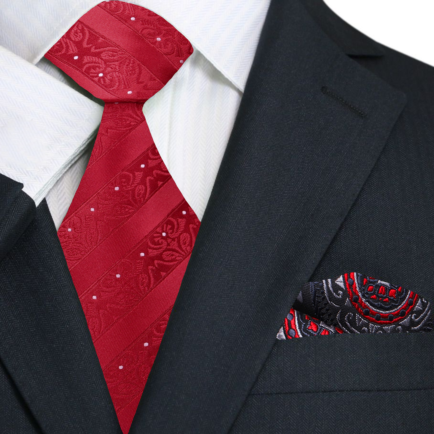 Premium Sparkling Red Detailed Floral Tie and Pocket Square