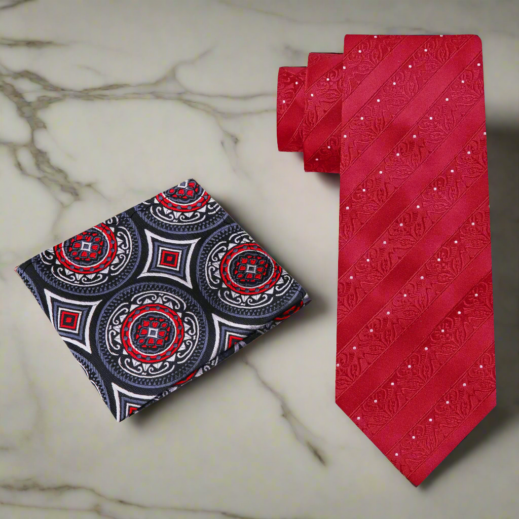 Alt Sparkling Red Detailed Floral Tie and Accenting Pocket Square