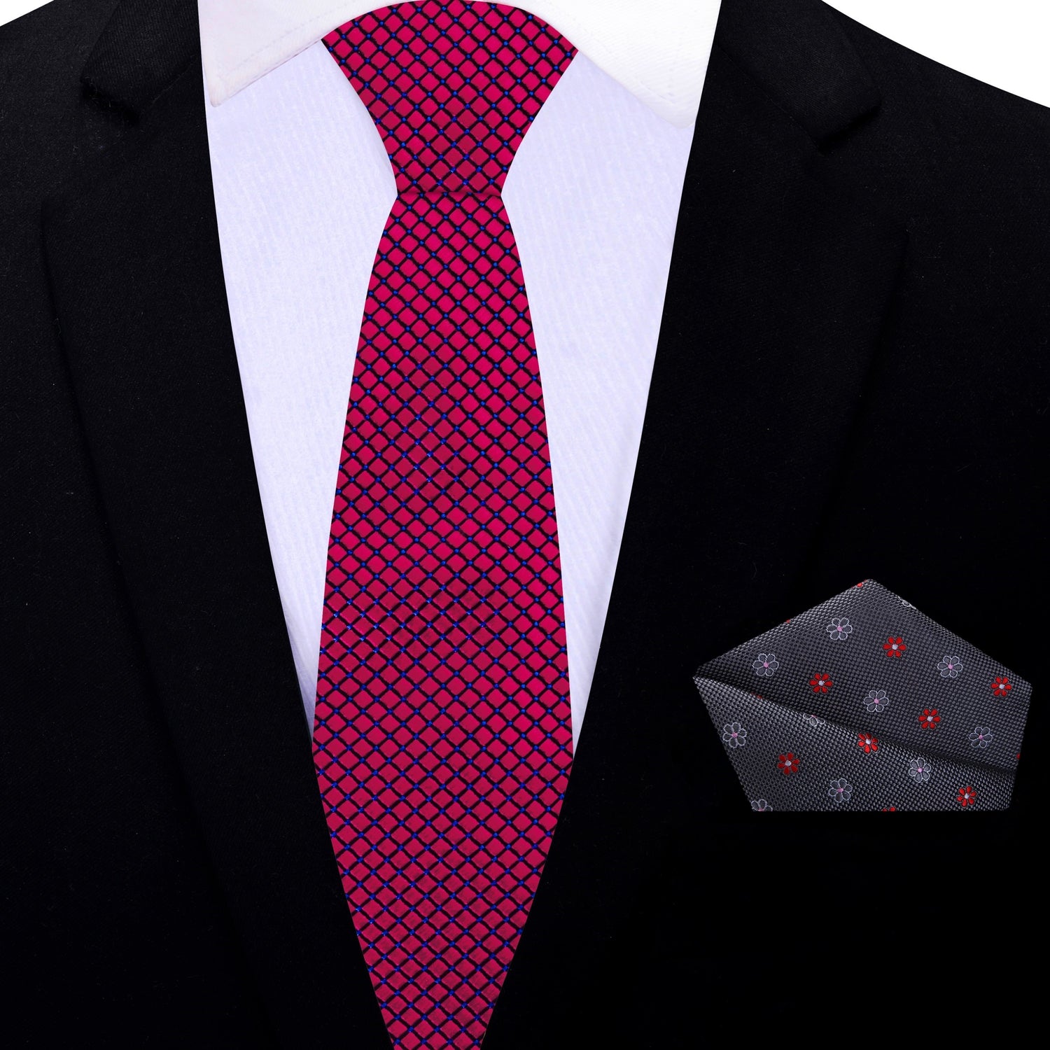 Thin Tie: Red Geometric Tie with Grey, Red, Pink Flowers Pocket Square