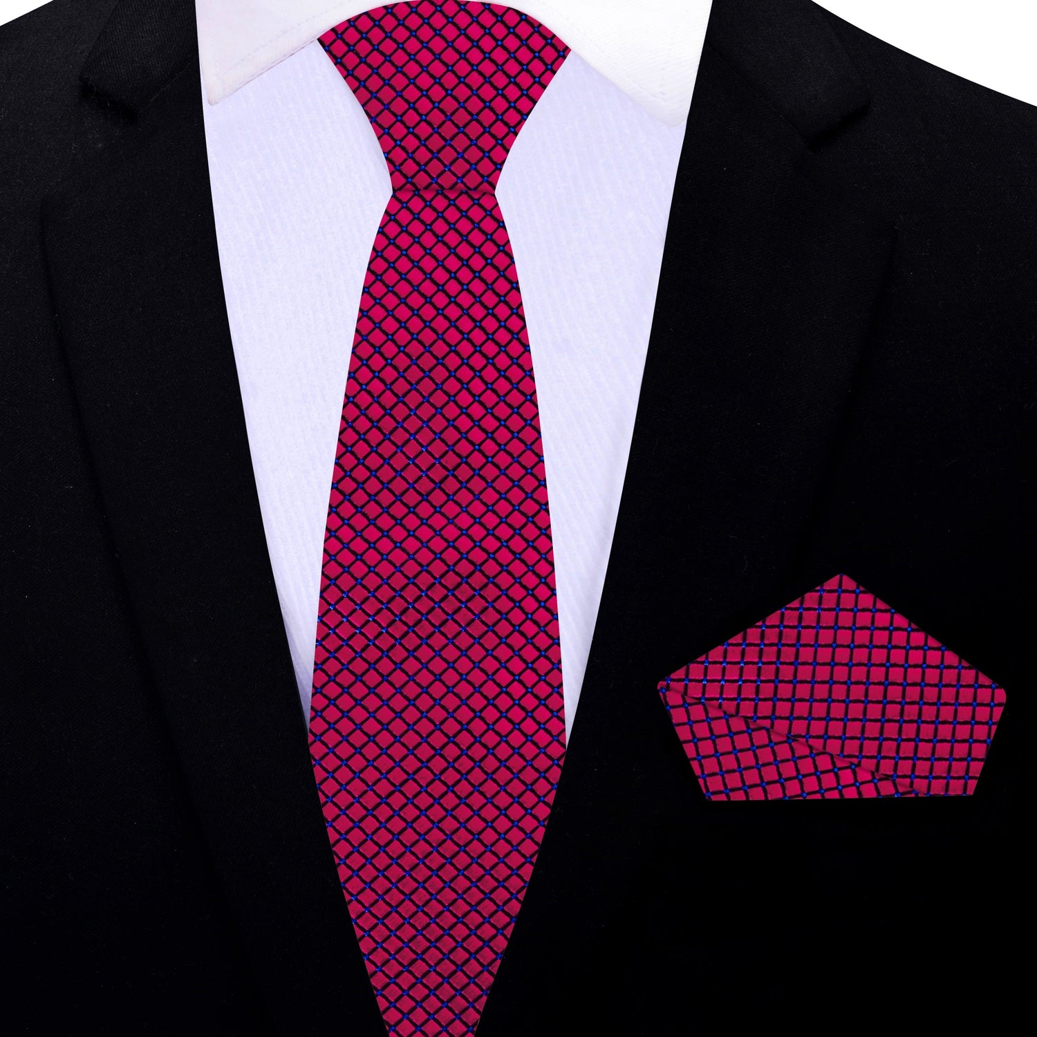 Thin Tie: Red Geometric Tie with Matching Pocket Square