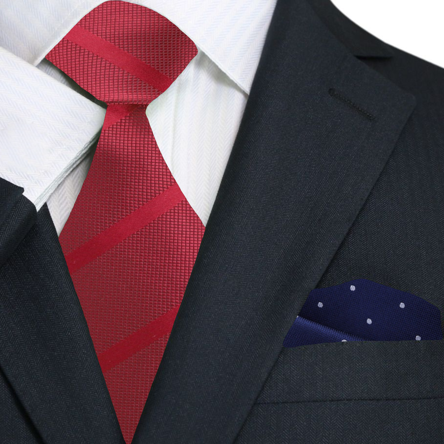 Premium Red Stripe Tie and Blue, Grey Polka Pocket Square