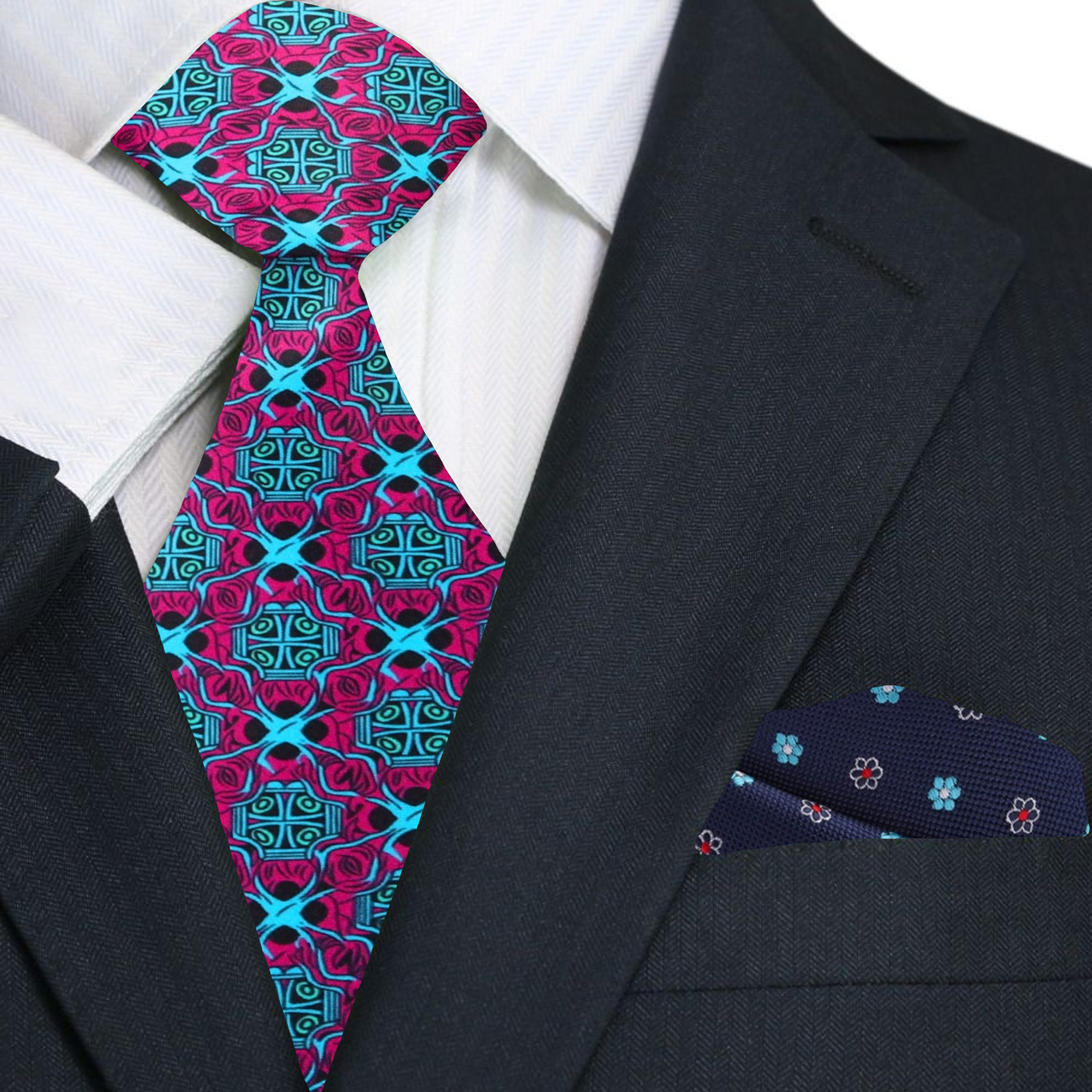 Premium Red, Light Blue Abstract Tie and Blue, Red Flowers Square