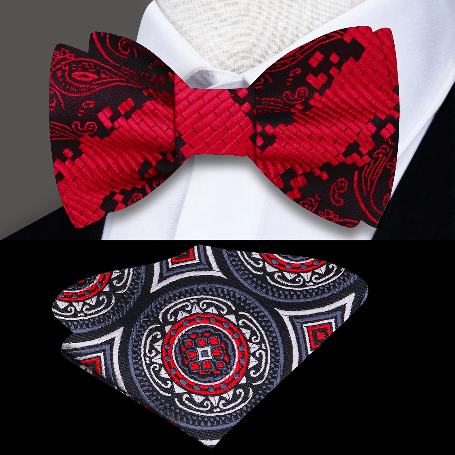 A Red, Black Geometric with Paisley Pattern Silk Self Tie Bow Tie and Accenting Square