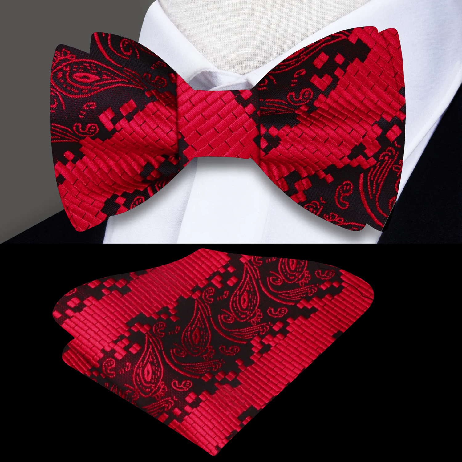 A Red, Black Geometric with Paisley Pattern Silk Self Tie Bow Tie, Matching Pocket Square