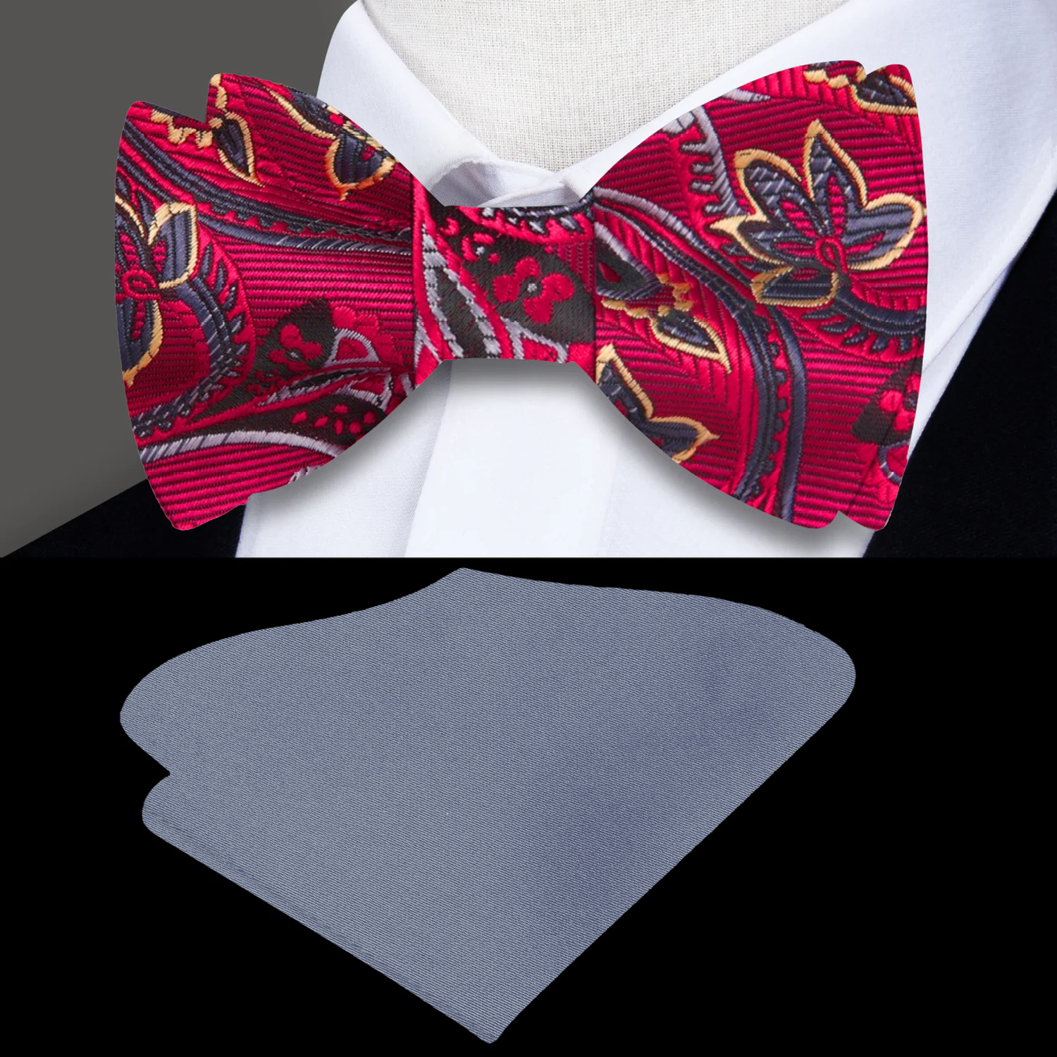 Red Paisley Bow Tie and Grey Pocket Square