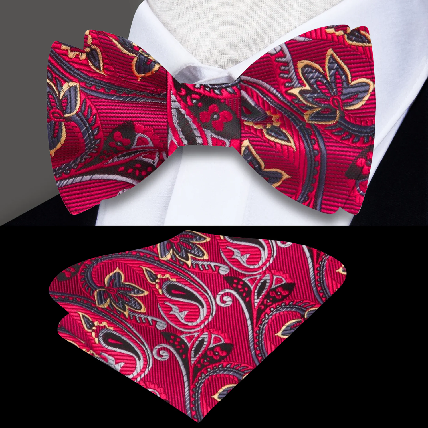 Red Paisley Bow Tie and Matching Pocket Square