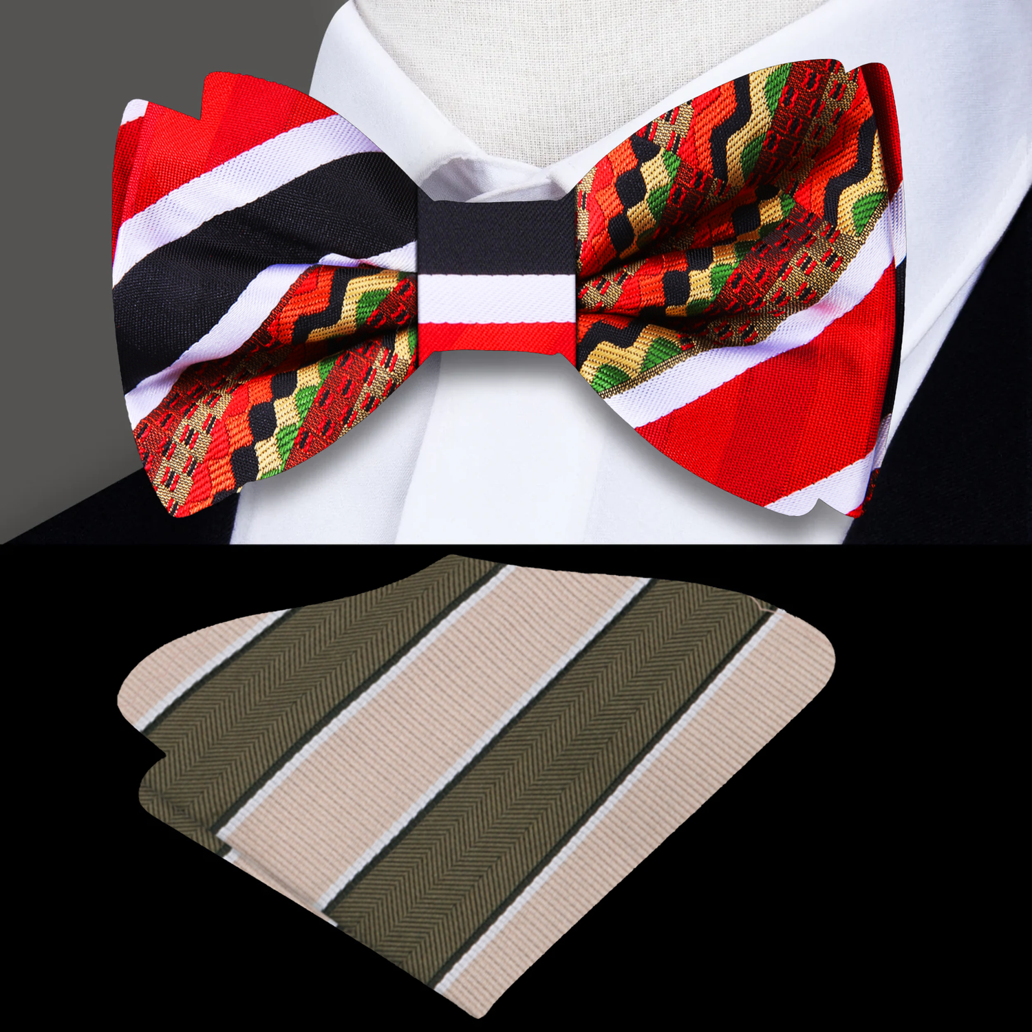 A Red, Black, White, Light Gold, Green, Brown Color Abstract Pattern Silk Bow Tie, Accenting Pocket Square