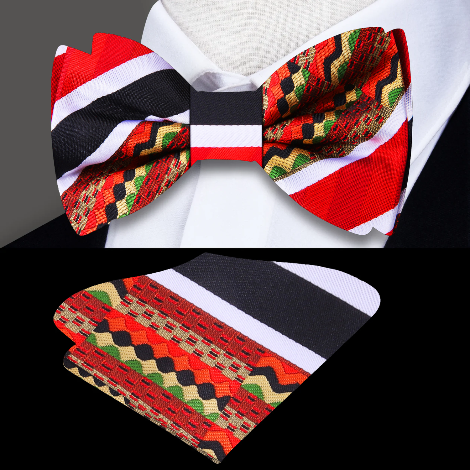 A Red, Black, White, Light Gold, Green, Brown Color Abstract Pattern Silk Bow Tie, Pocket Square
