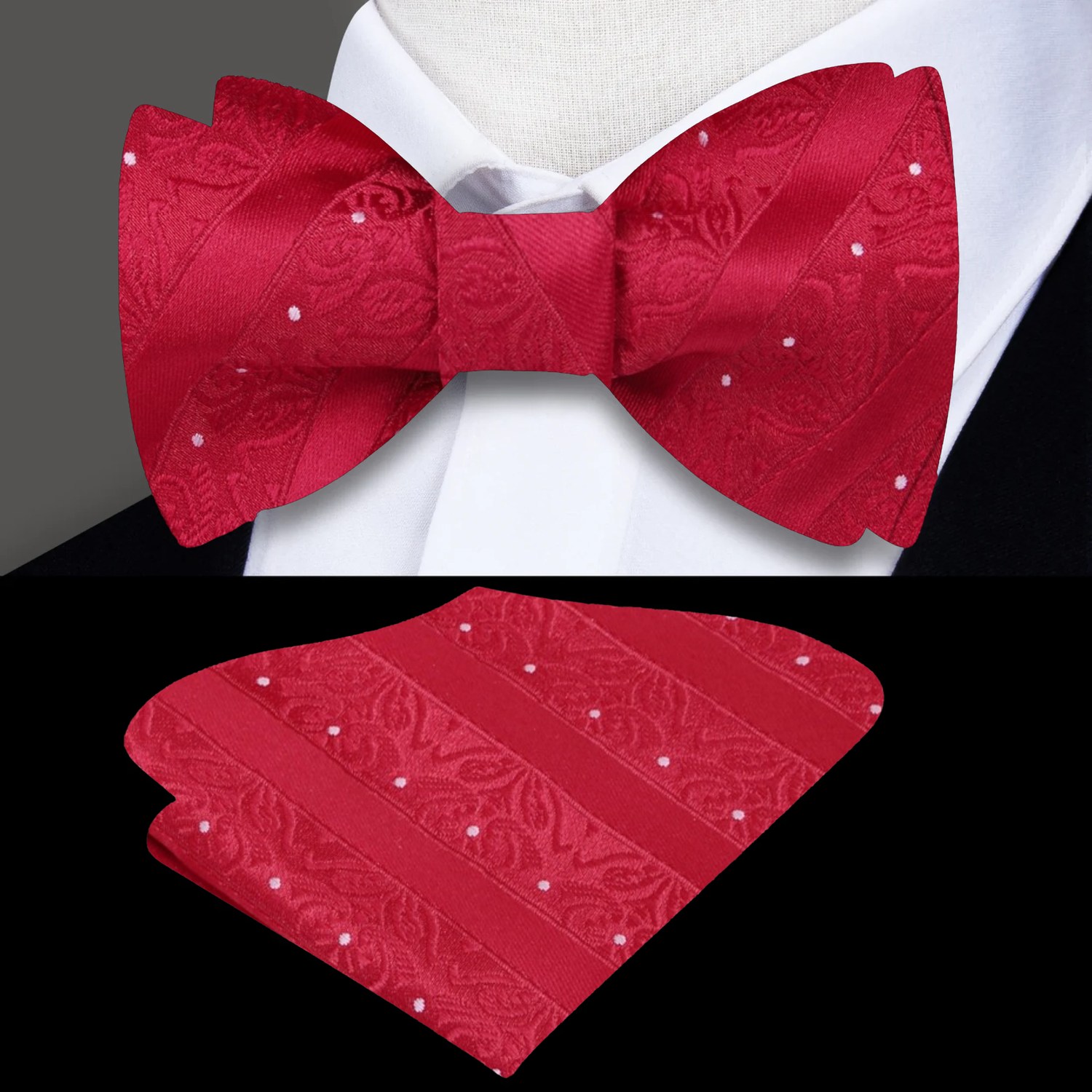 Red Bow Tie with Floral Texture and Pocket Square