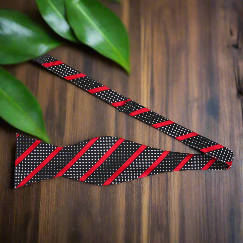 Black, Red Stripe and Polka Bow Tie Self Tie