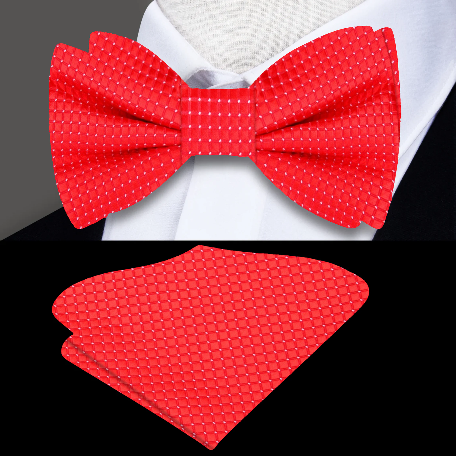 Main View: Red with White Geometric Texture Bow Tie and Pocket Square