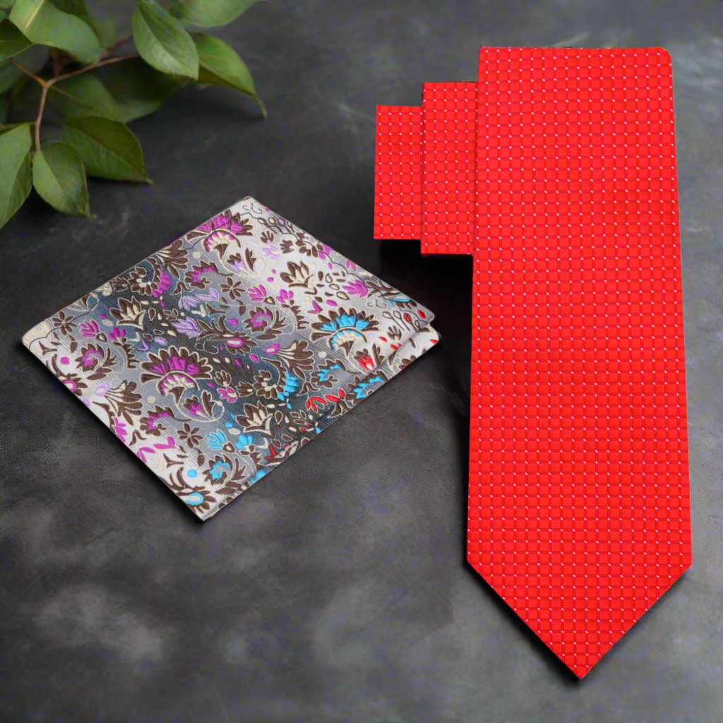Floral pocket square and red and white check tie 