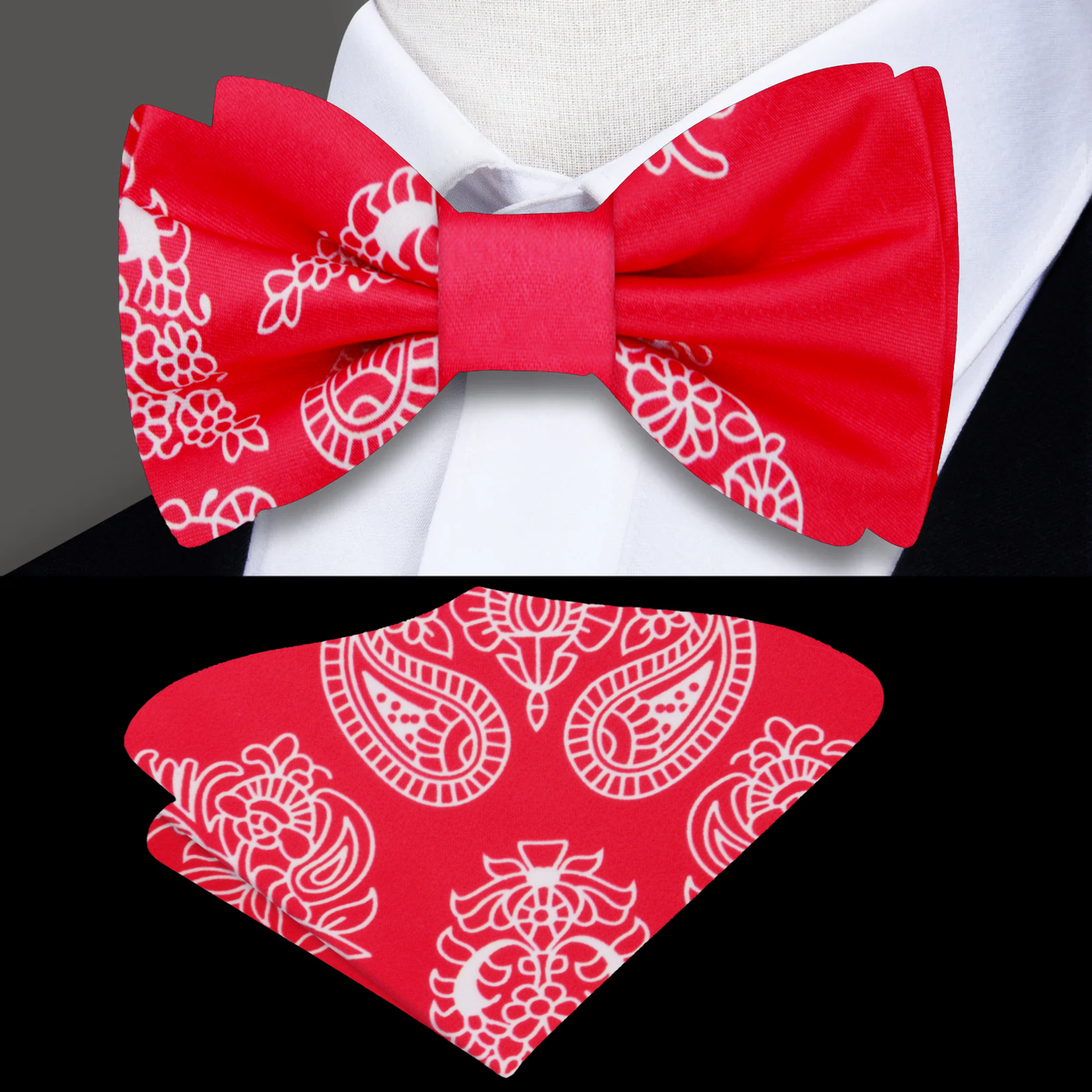 Red, White Paisley Bow Tie and Pocket Square