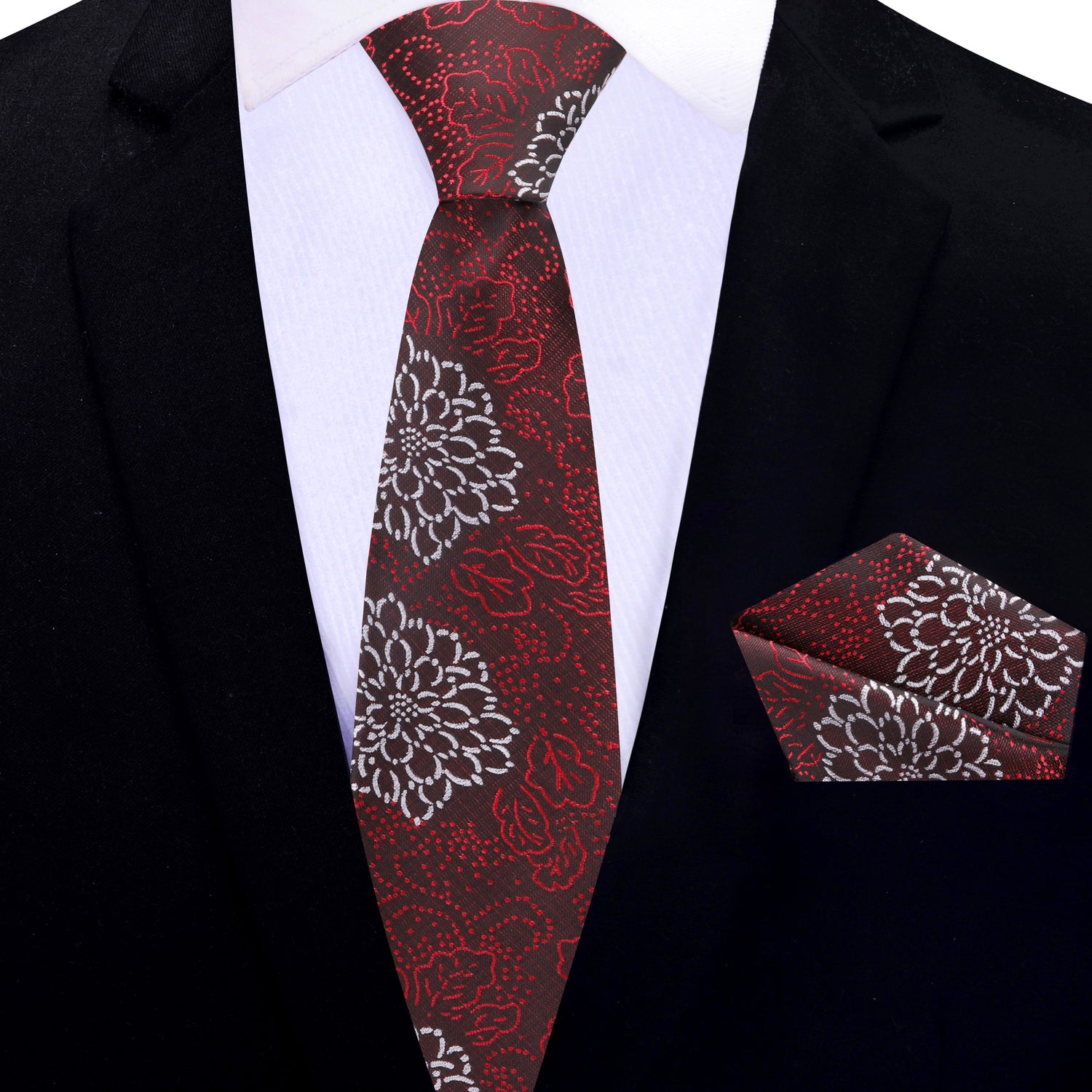 Thin Tie: Deep Red, Red, White Zinnia Flowers Necktie and Matching Square