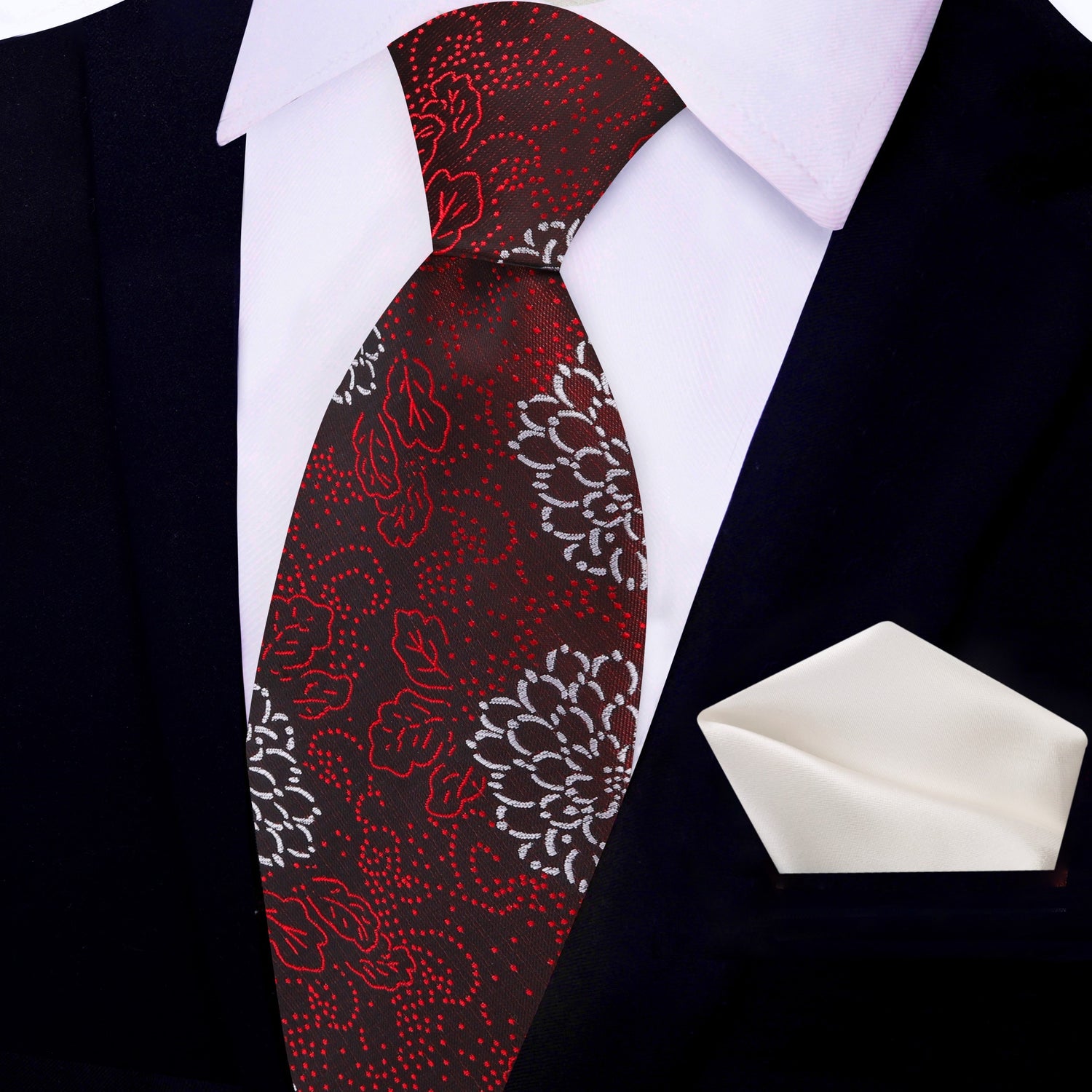 Deep Red, Red, White Zinnia Flowers Necktie and Off White Square