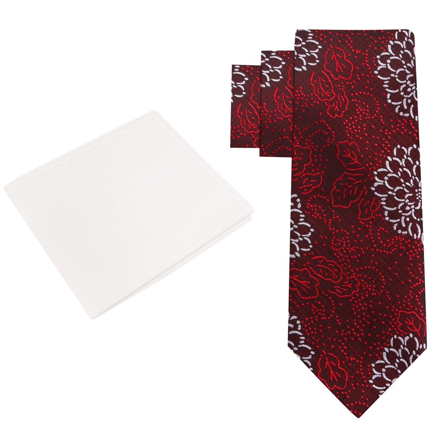 Alt View: Deep Red, Red, White Zinnia Flowers Necktie and Off White Square