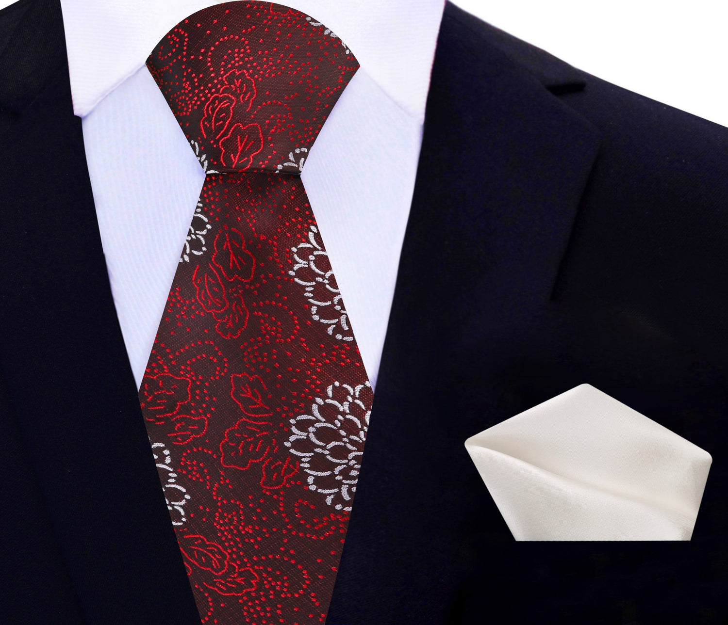 View 2: Deep Red, Red, White Zinnia Flowers Necktie and Off White Square