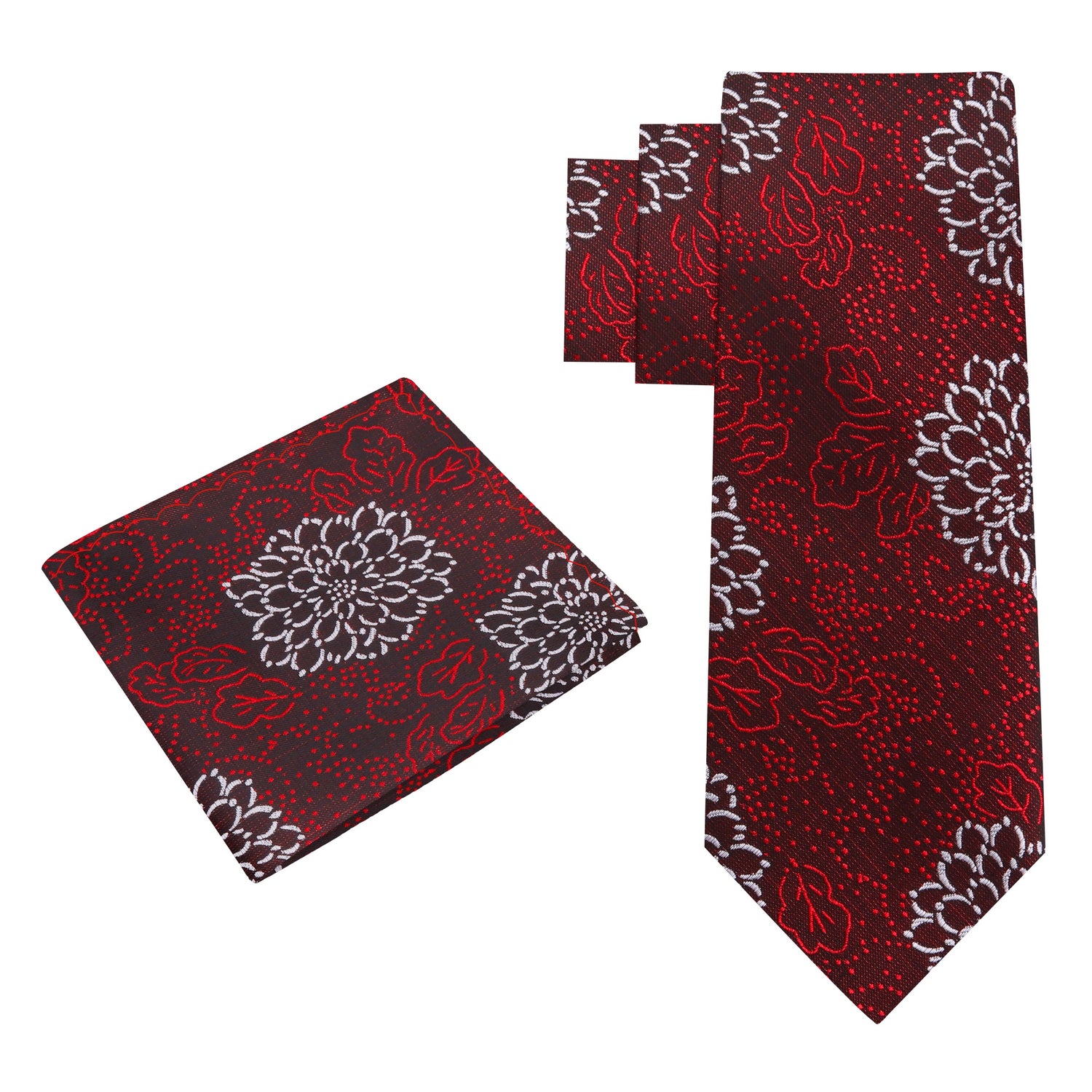 Alt view: Deep Red, Red, White Zinnia Flowers Necktie and Matching Square