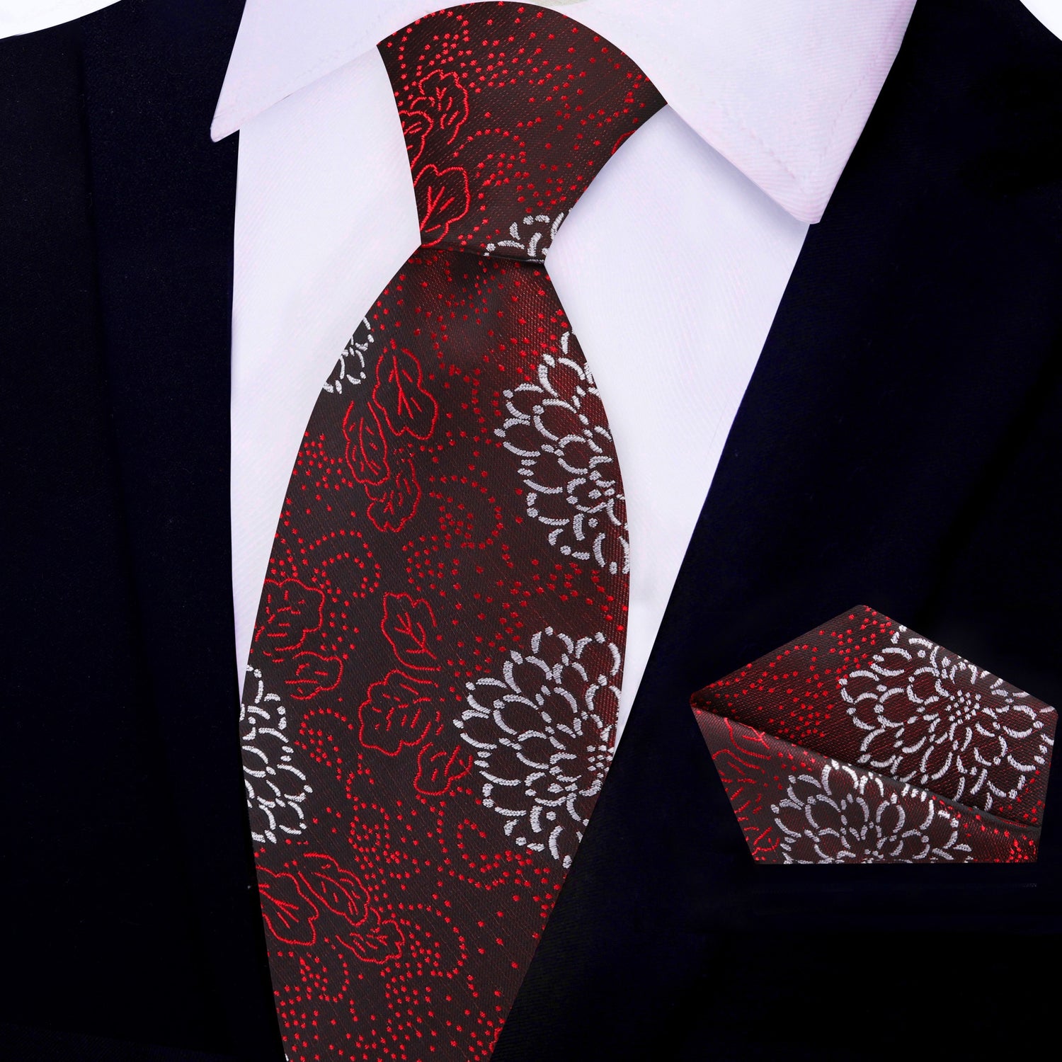Deep Red, Red, White Zinnia Flowers Necktie and Matching Square