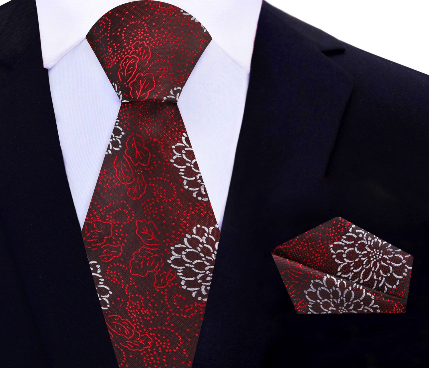 View 2: Deep Red, Red, White Zinnia Flowers Necktie and Matching Square
