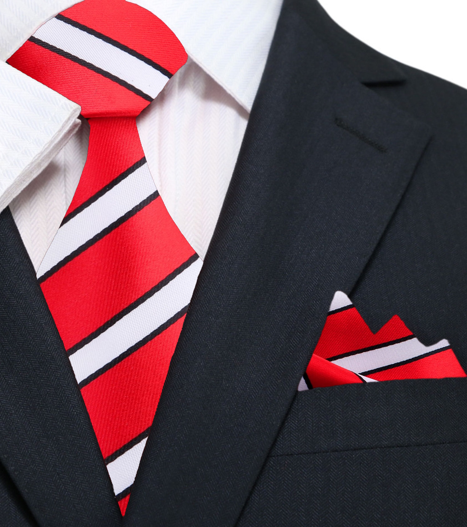 A Red, Black, White Stripe Pattern Silk Necktie, Pocket Square