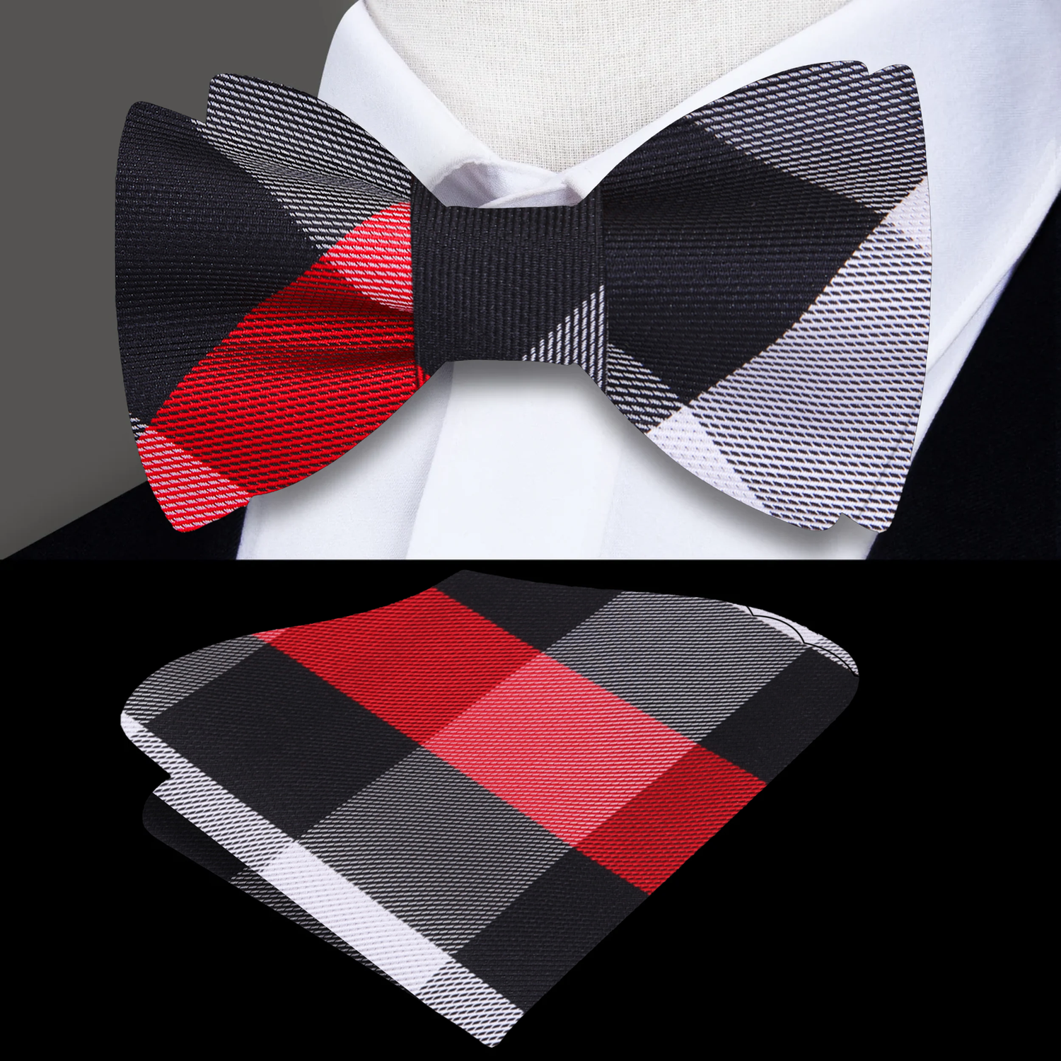 Red Black Grey Plaid Bow Tie and Square