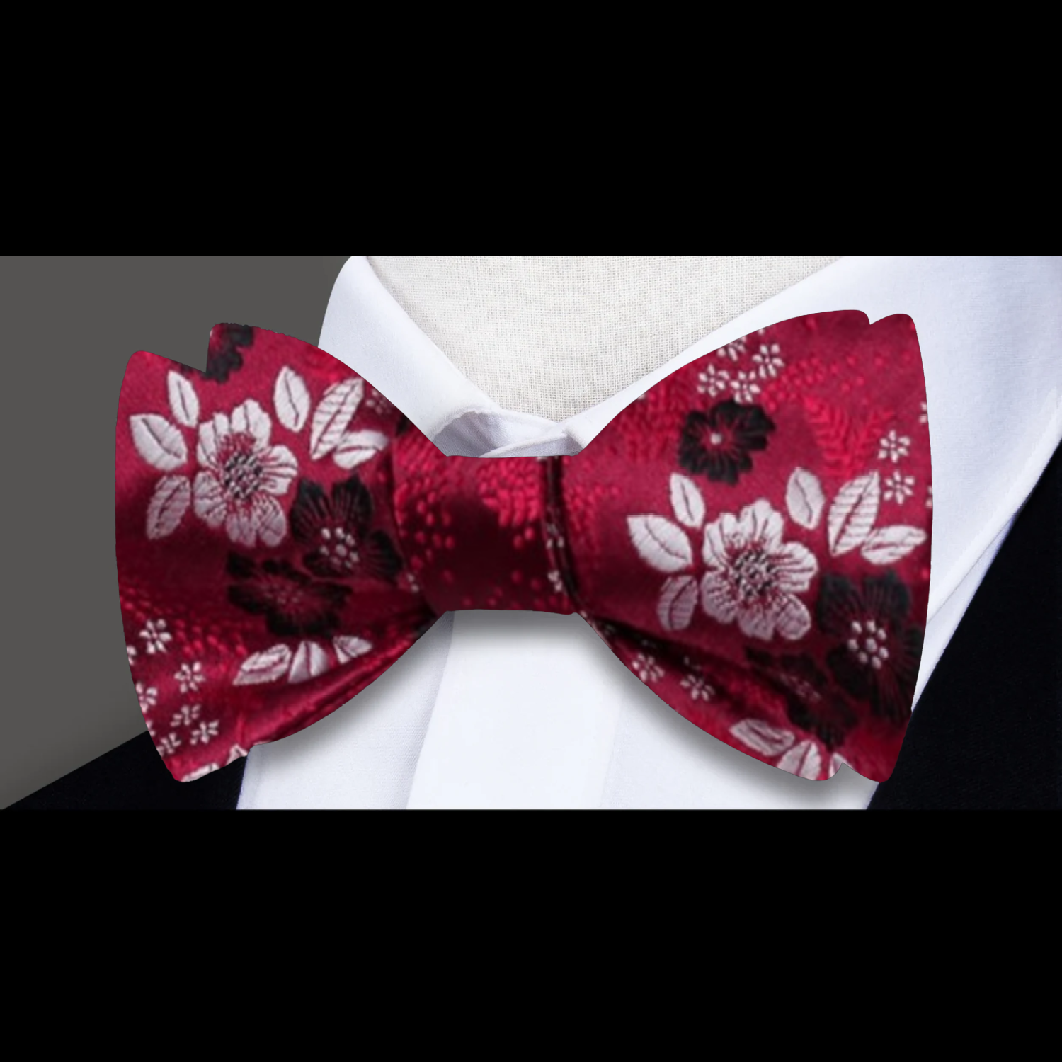 Red, Black, White Detailed Flowers Pattern Silk Self Tie Bow Tie 