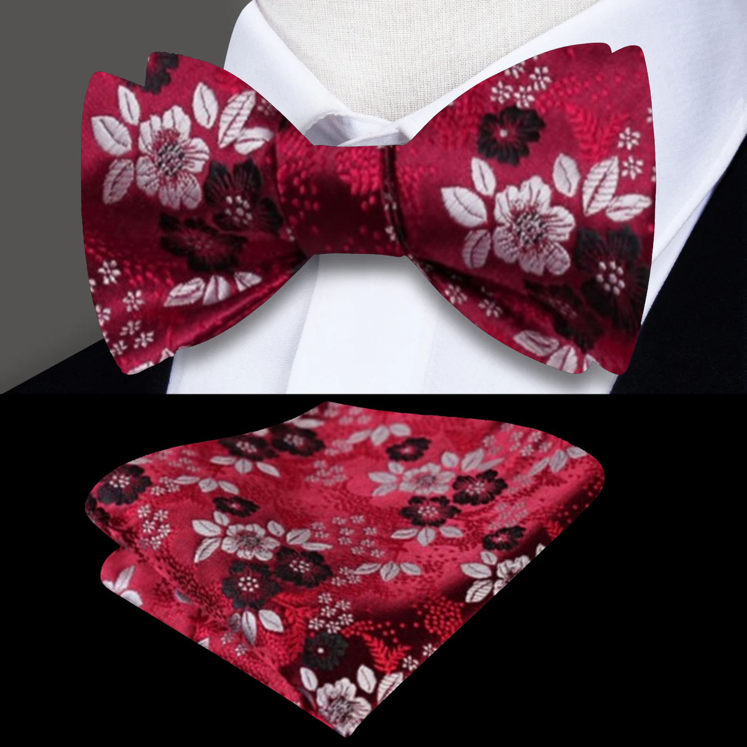 Red, Black, White Detailed Flowers Pattern Silk Self Tie Bow Tie, Matching Pocket Square