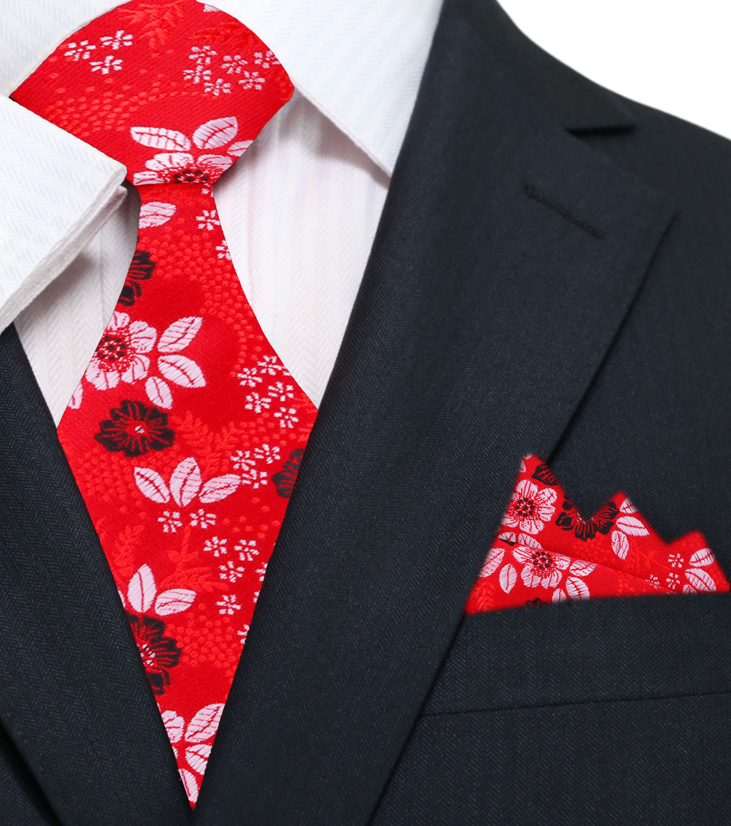Main: A Red, Dark Red And White Floral Pattern Necktie With Matching Pocket Square