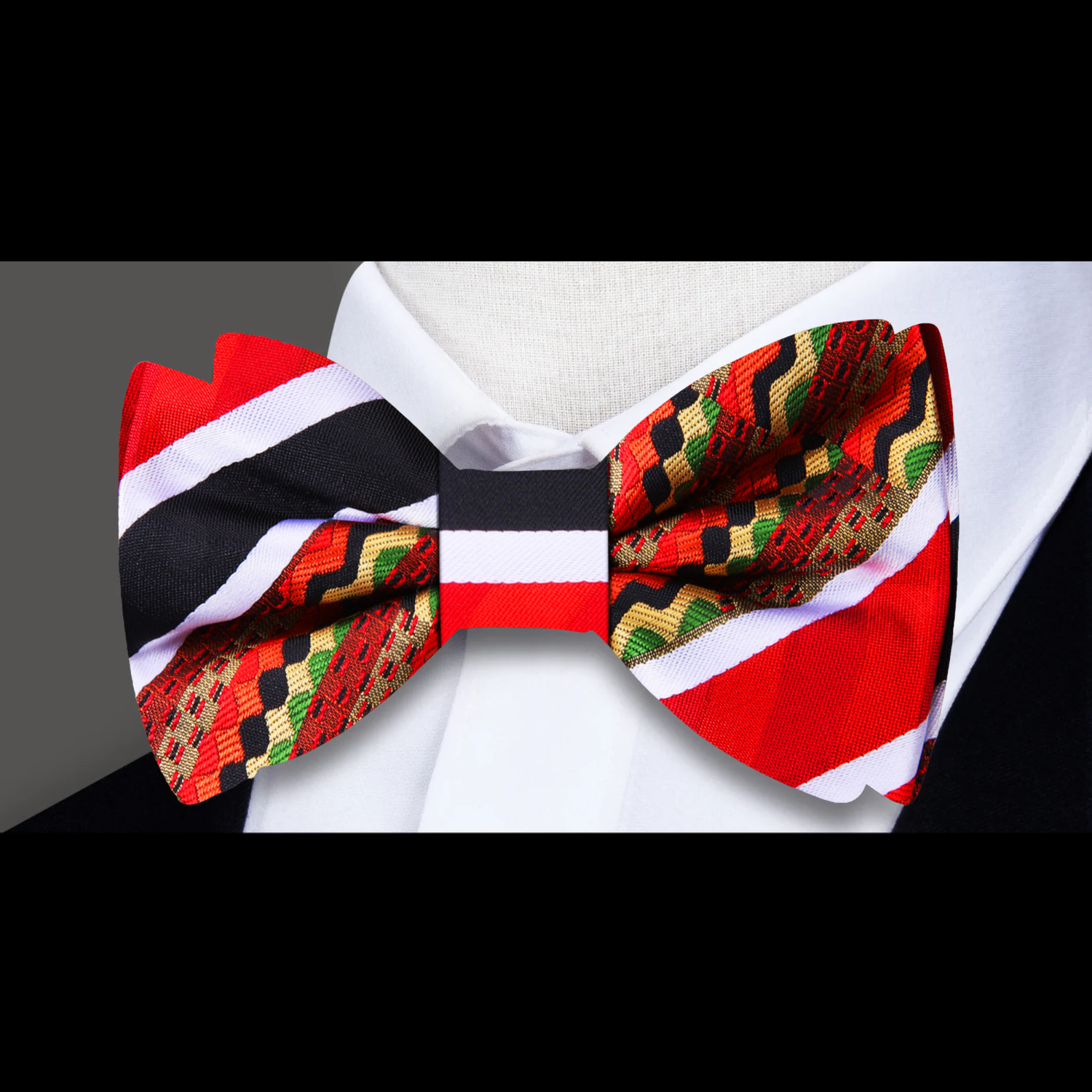 A Red, Black, White, Light Gold, Green, Brown Color Abstract Pattern Silk Bow Tie 