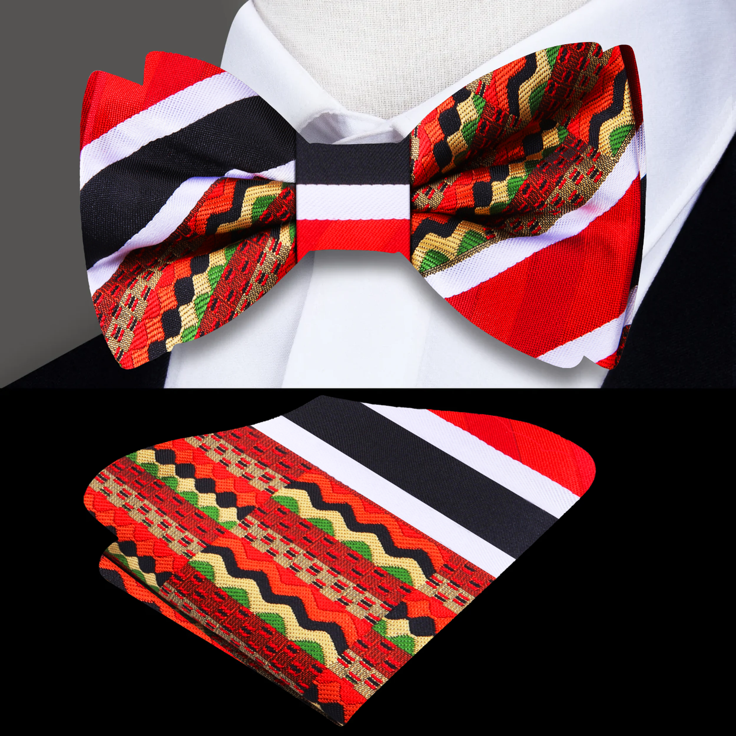 A Red, Black, White, Light Gold, Green, Brown Color Abstract Pattern Silk Bow Tie,  Pocket Square