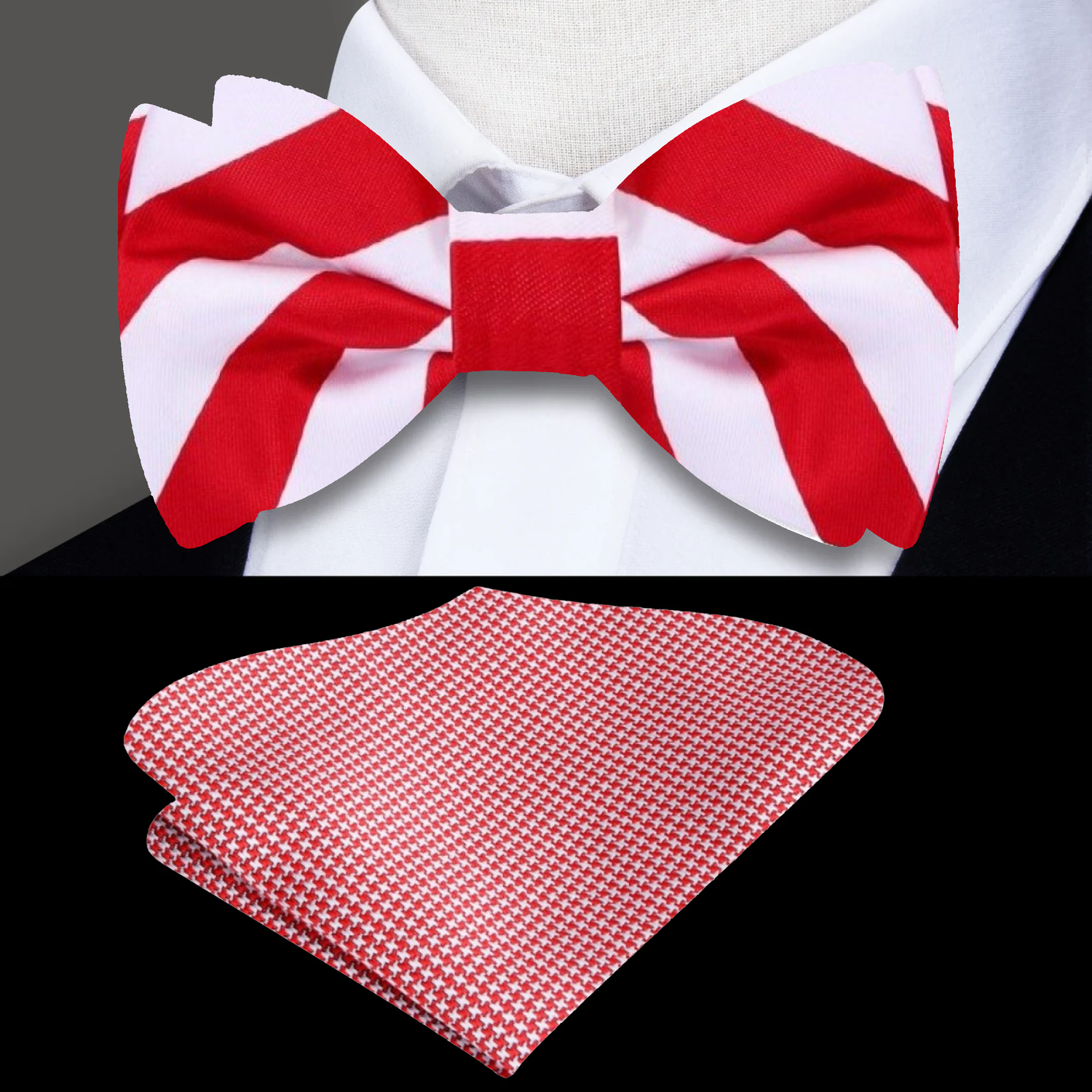 Main View: Red, White Block Stripe Bow Tie with Accenting Red Pocket Square