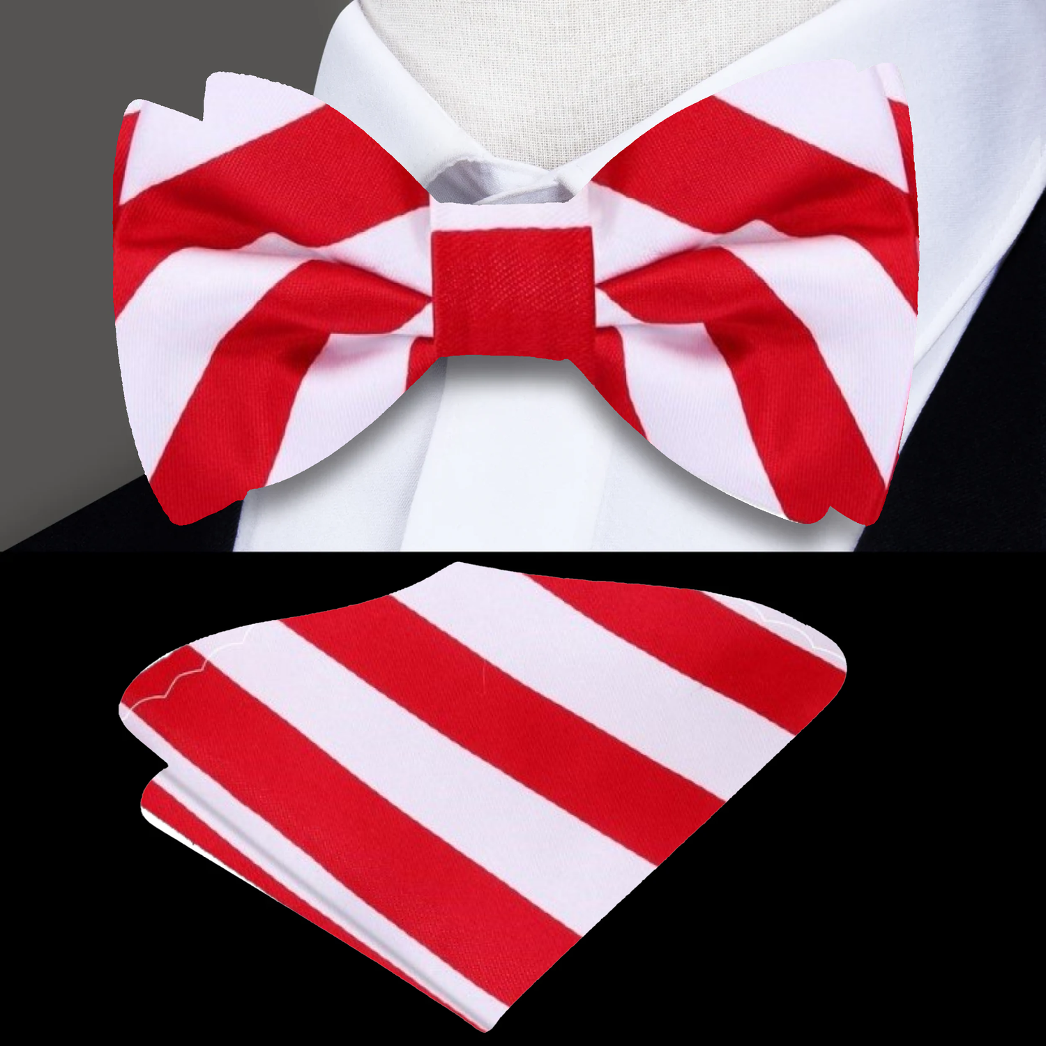 Main: White with Red Stripe Bow Tie and Square