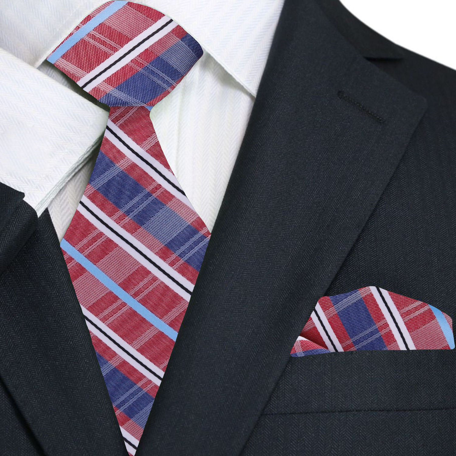 Smooth  Red, Blue Plaid tie and pocket Square||Red