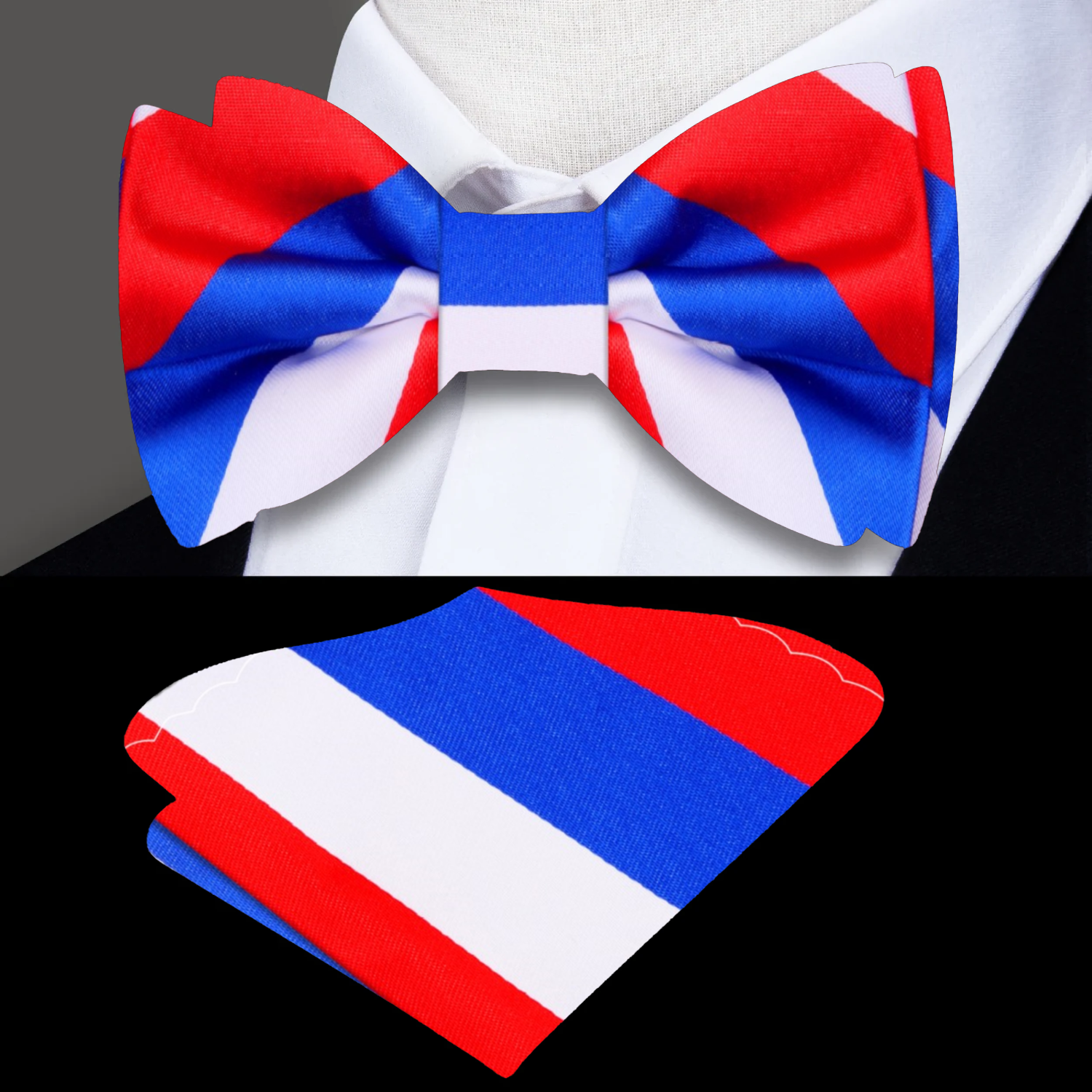 Red, White and Blue Block Stripe Bow Tie and  Pocket Square 
