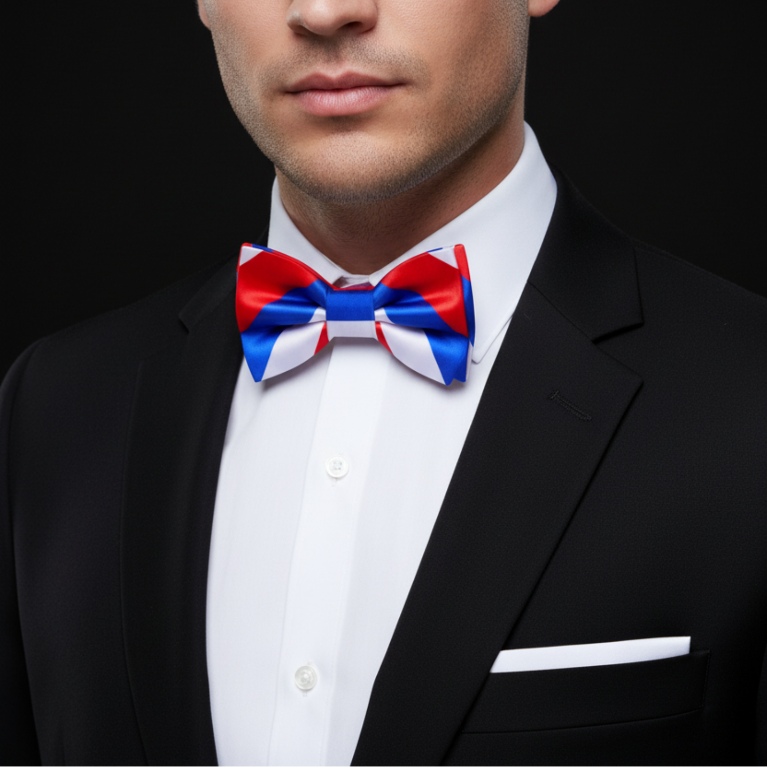 Man wearing a black suit with a white shirt and a red, white, and blue bow tie on a black background