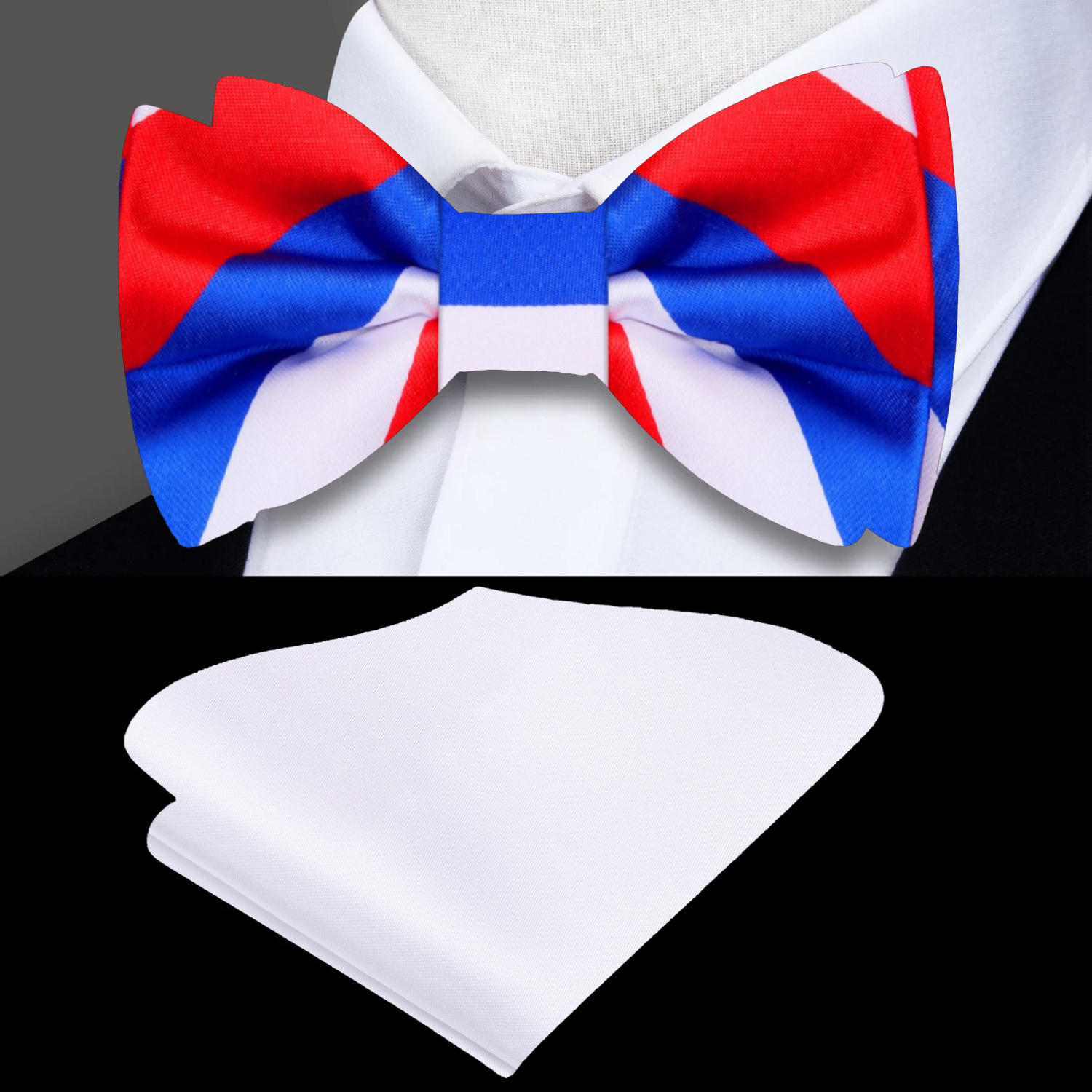 Red, White and Blue Block Stripe Bow Tie and White Pocket Square 