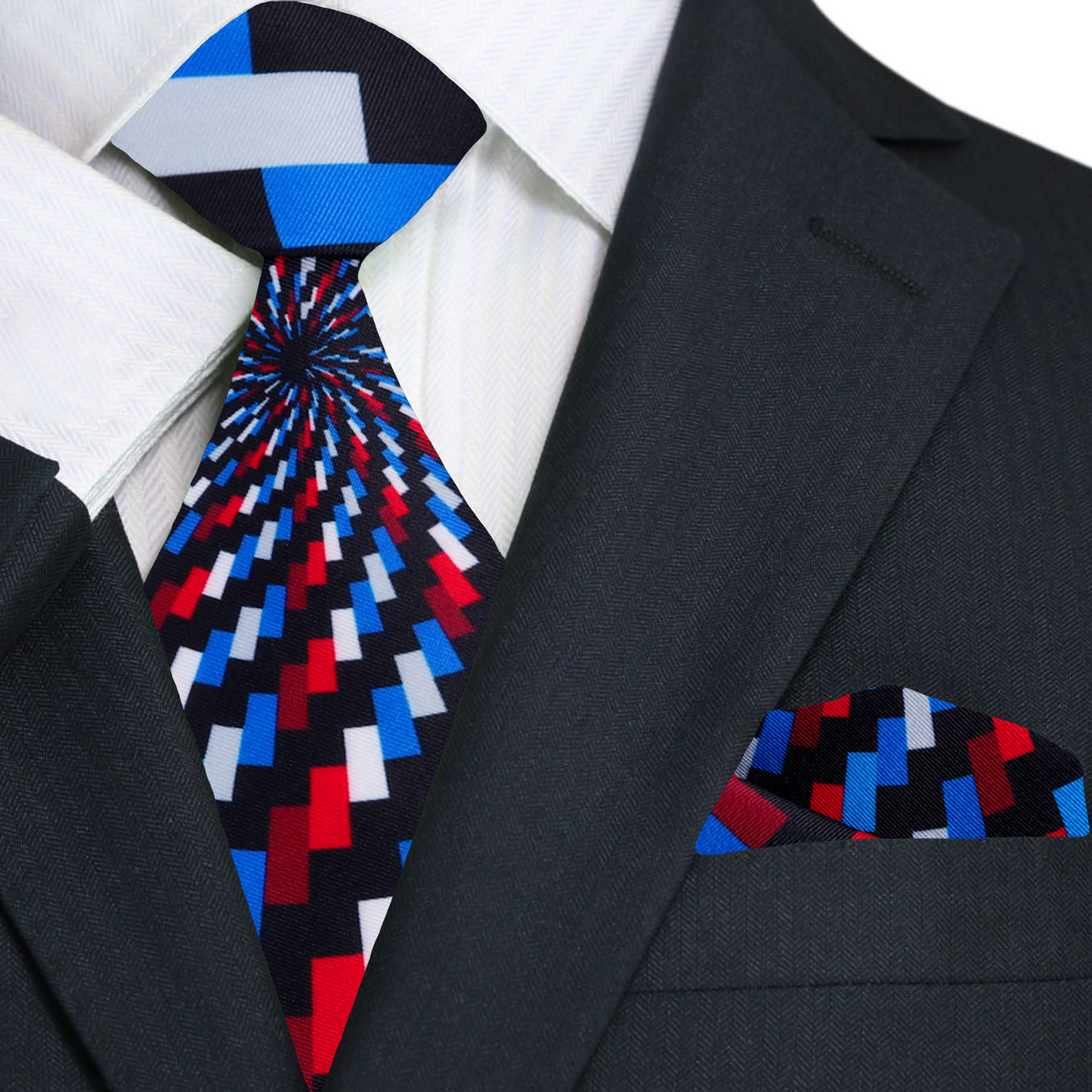 Primary Blue, Red and Black Abstract Tie and Square