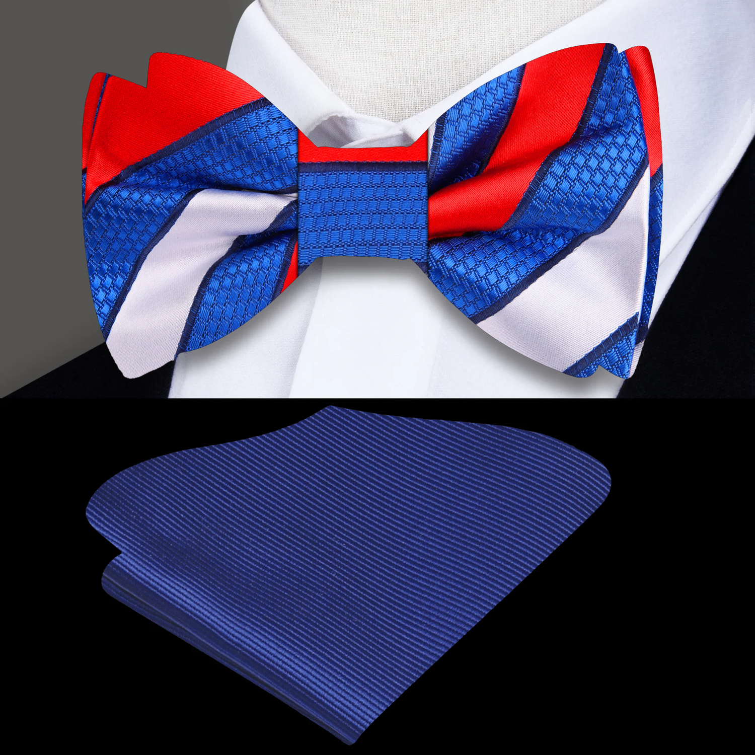 Red, White and Blue Block Stripe Bow Tie and Blue Square