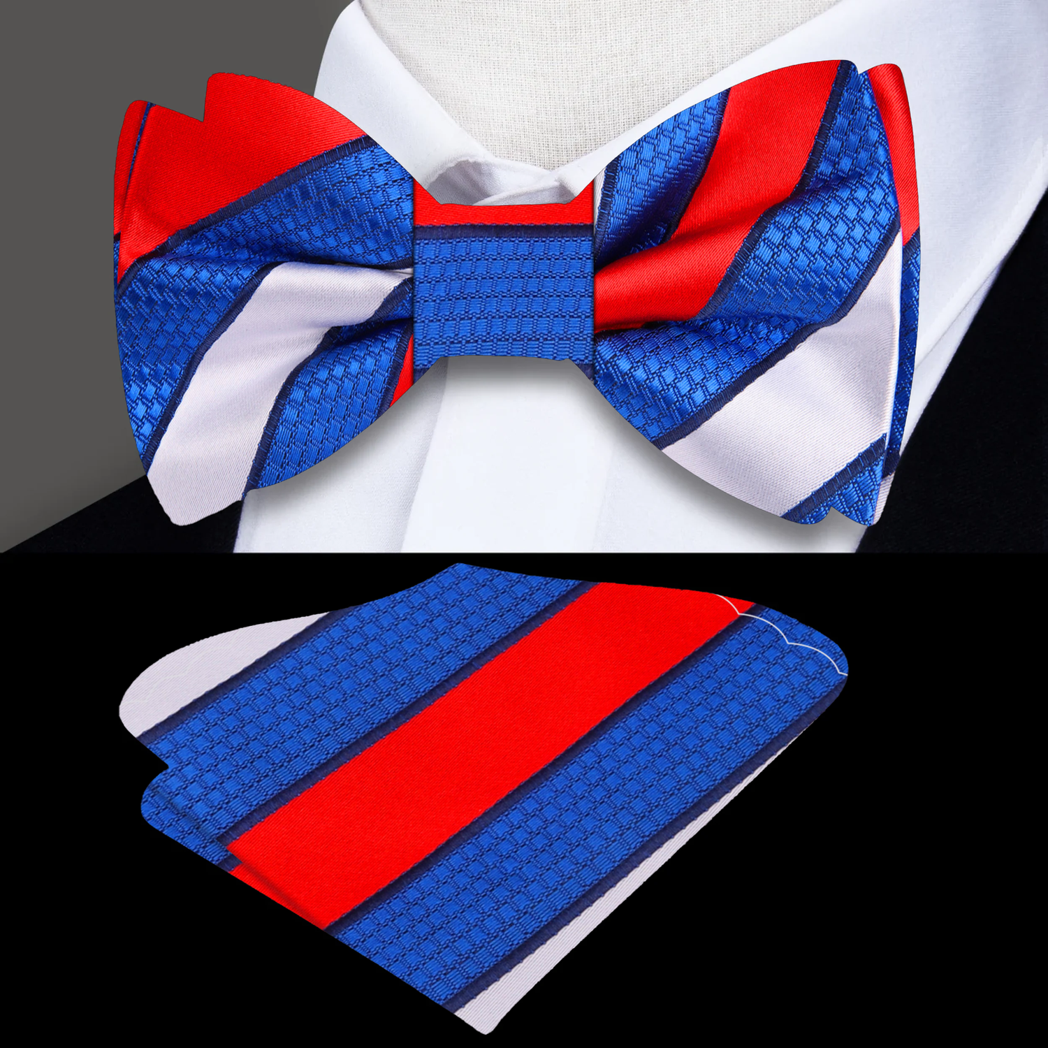 Red, White and Blue Block Stripe Bow Tie and Square