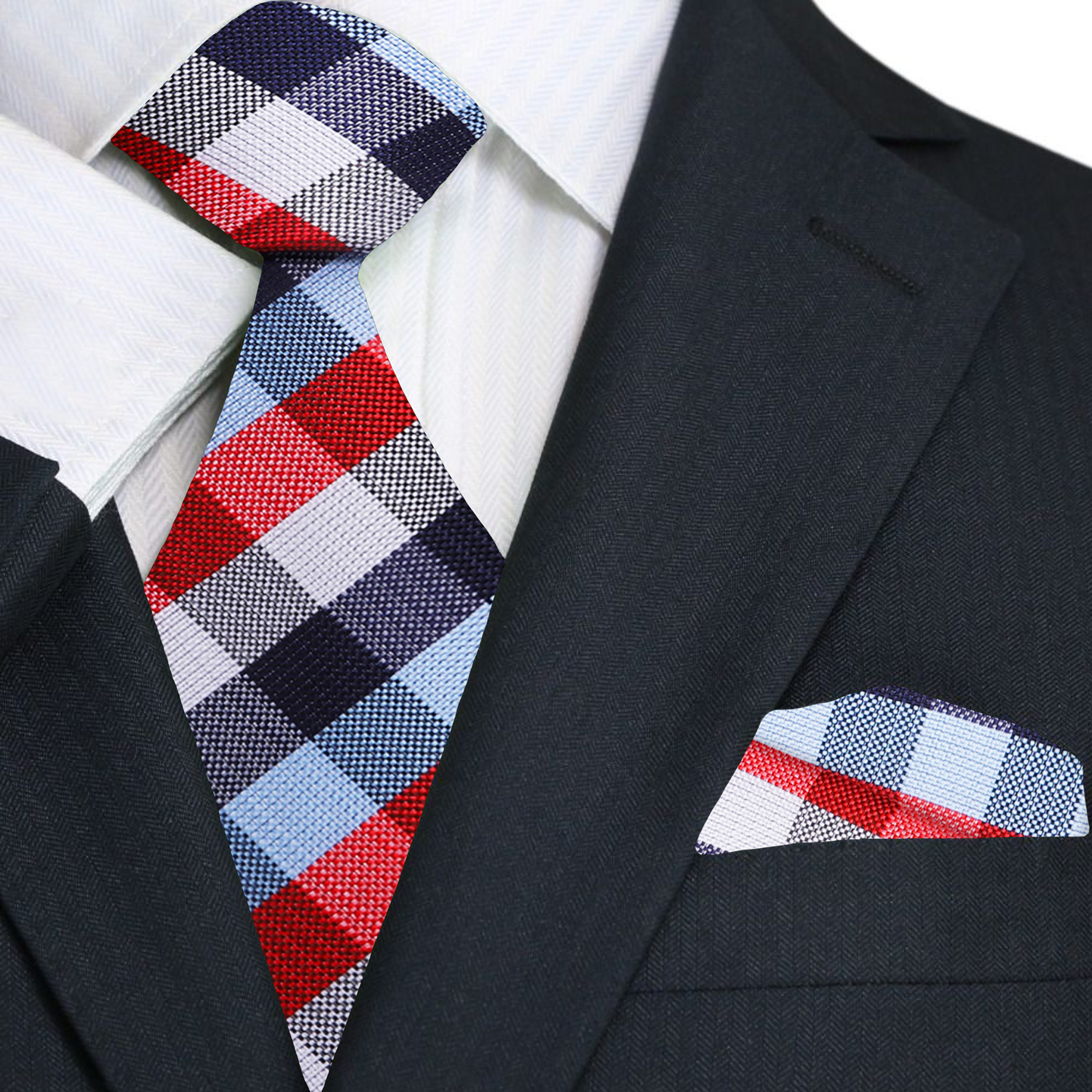 A Red, White, Blue Geometric Check Pattern Necktie, Matching Pocket Square Main