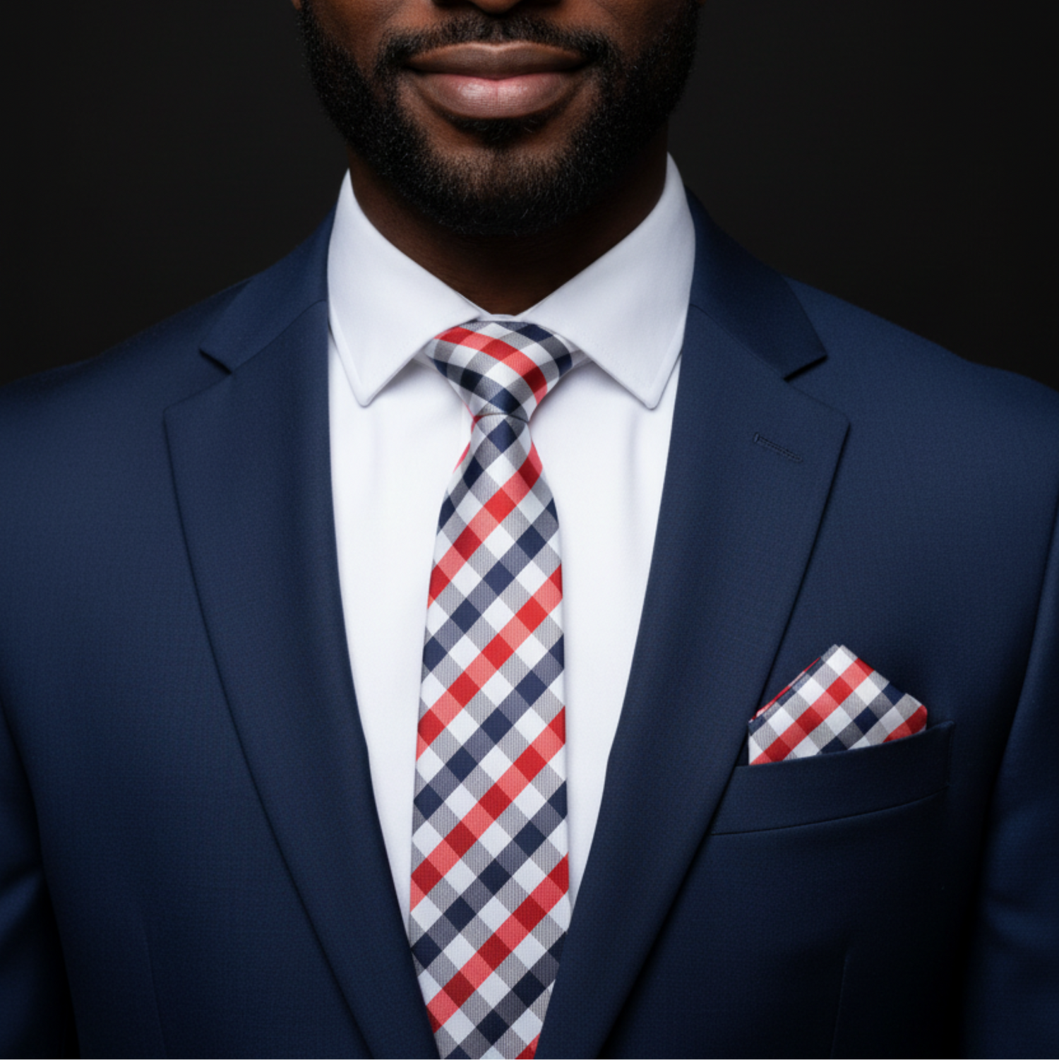 Man wearing a navy suit with a red, white, and blue checkered tie and pocket square on a black background