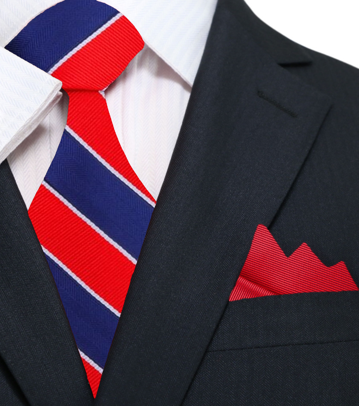 Main View: Red, White, Blue Stripe Tie and Red Pocket Square