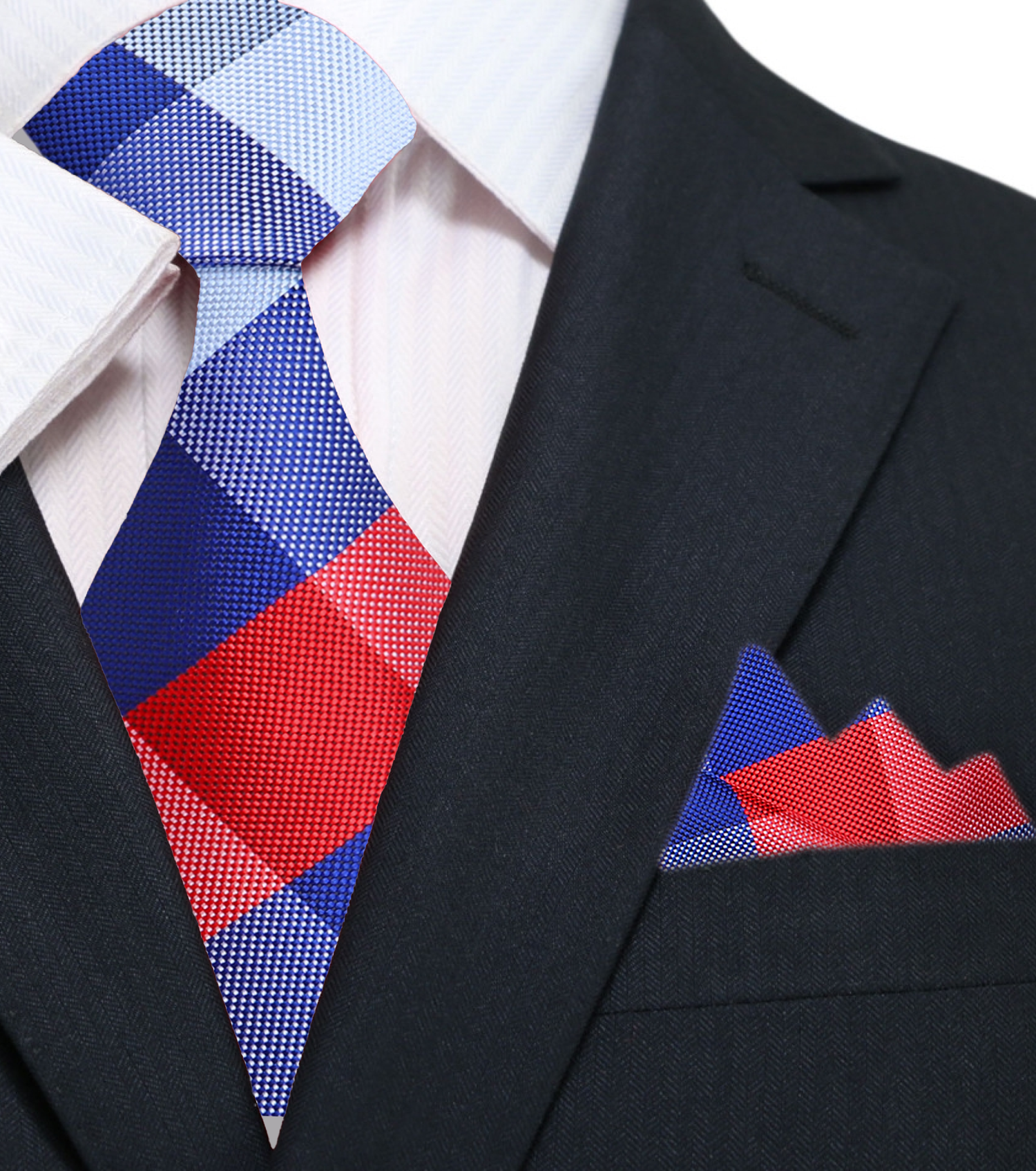 Main: A Red, White, Blue Plaid Pattern Silk Necktie, Matching Pocket Square