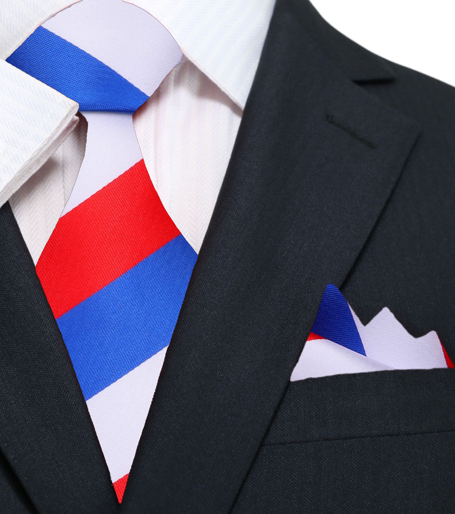 A Red, White, Blue Stripe Pattern Silk Necktie, Pocket Square