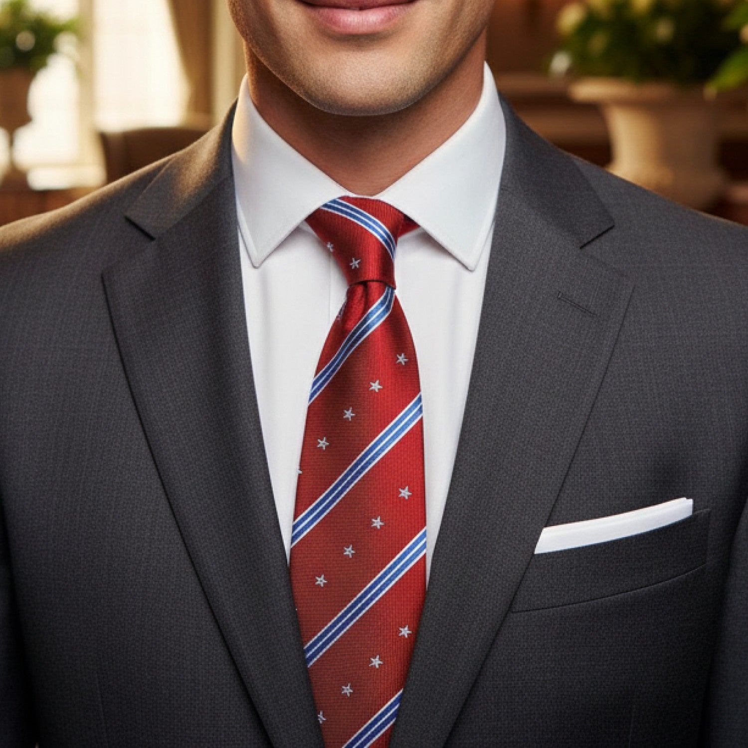 Man wearing a gray suit with a red tie featuring blue and white stripes.